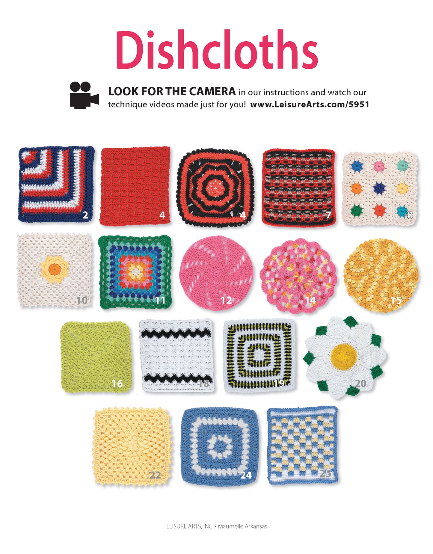 Sixteen unique, colorful dishcloths from Leisure Arts' “Dishcloths—A Super Collection for Home or Gifts! Digital Download” are displayed on a white background—perfect textured room accents or easy wall art ideas for beginners.