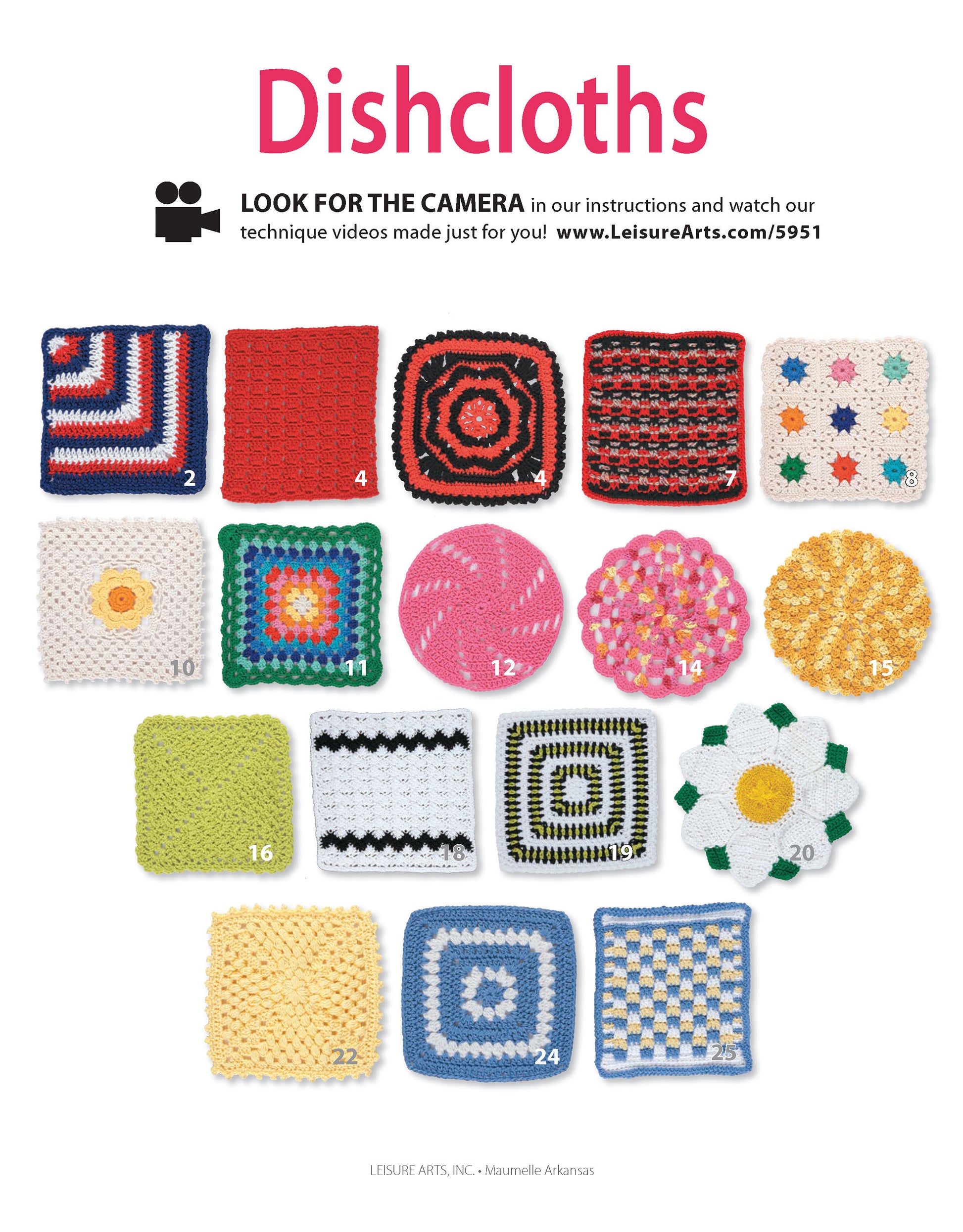 Sixteen unique, colorful dishcloths from Leisure Arts' “Dishcloths—A Super Collection for Home or Gifts! Digital Download” are displayed on a white background—perfect textured room accents or easy wall art ideas for beginners.