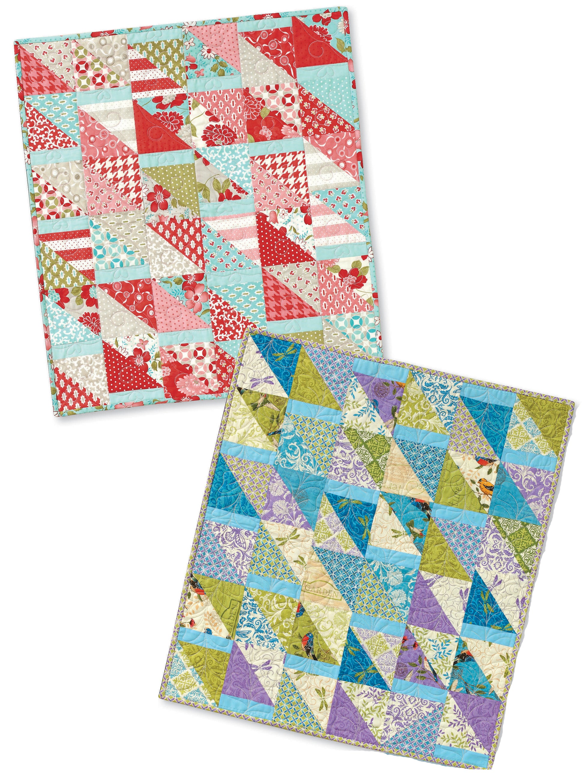 Two vibrant quilts from the Leisure Arts "3 Times the Charm Book 2" feature playful triangle patterns—one in reds, pinks, and blues, the other in greens, blues, and purples—perfect as table toppers or baby shower gifts, each displayed at an angle.