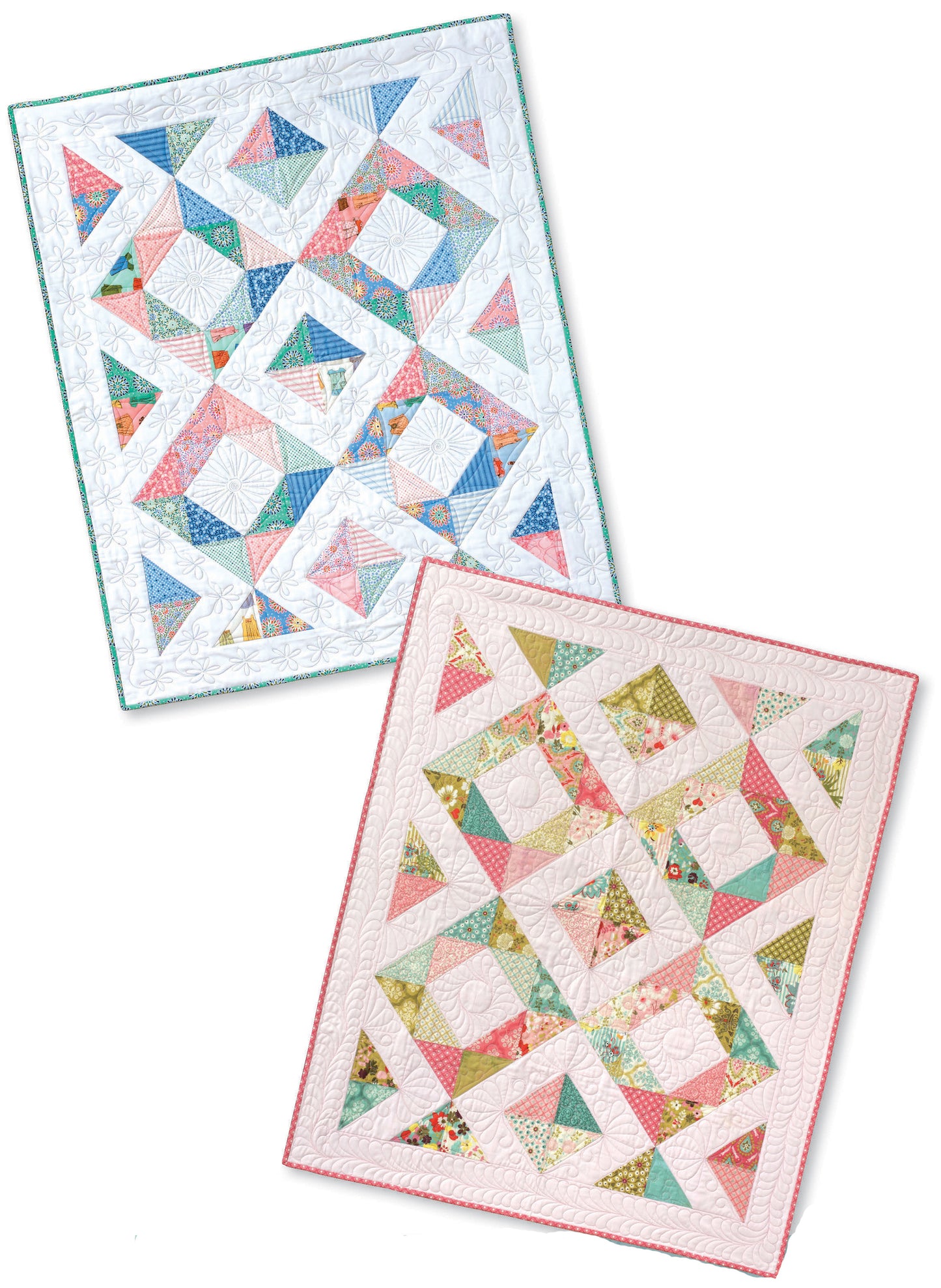 Create charming quilts with geometric triangle and diamond patterns using 3 Times the Charm Book 2 by Leisure Arts. Features beginner-friendly designs in pastel floral and solid fabrics—ideal for baby shower gifts in blue-green or pink-green palettes.