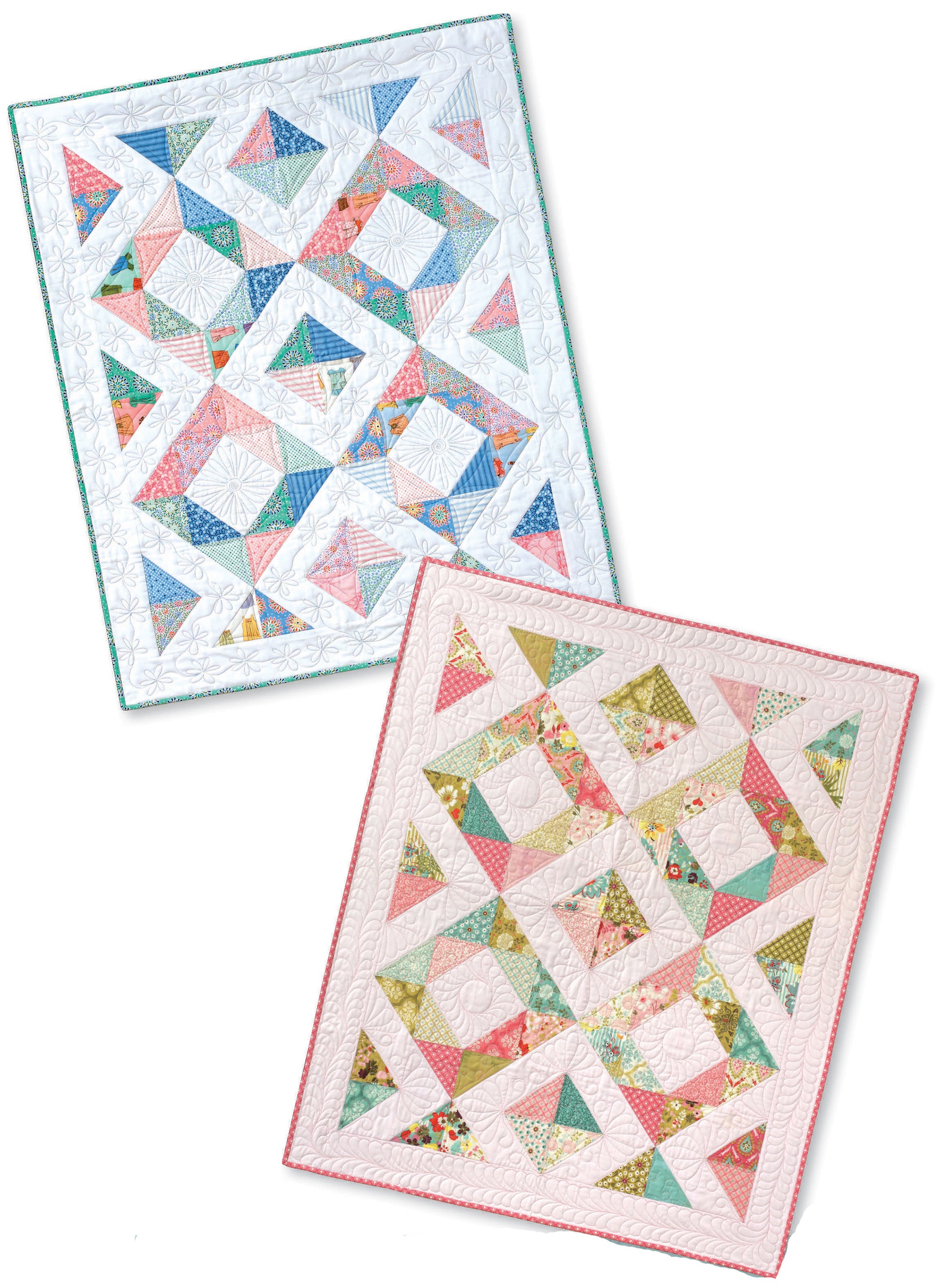 Create charming quilts with geometric triangle and diamond patterns using 3 Times the Charm Book 2 by Leisure Arts. Features beginner-friendly designs in pastel floral and solid fabrics—ideal for baby shower gifts in blue-green or pink-green palettes.