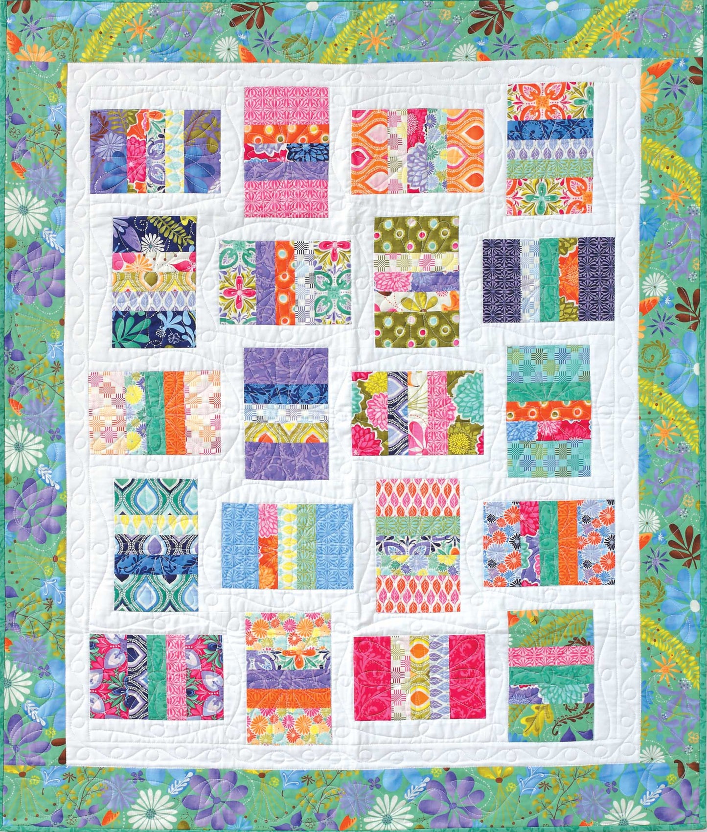 The "3 Times the Charm Book 2" by Leisure Arts features vibrant patchwork quilt designs with bright rectangular blocks, white and blue-green floral borders—perfect for baby shower gifts. Patterns include floral, geometric, and abstract styles.