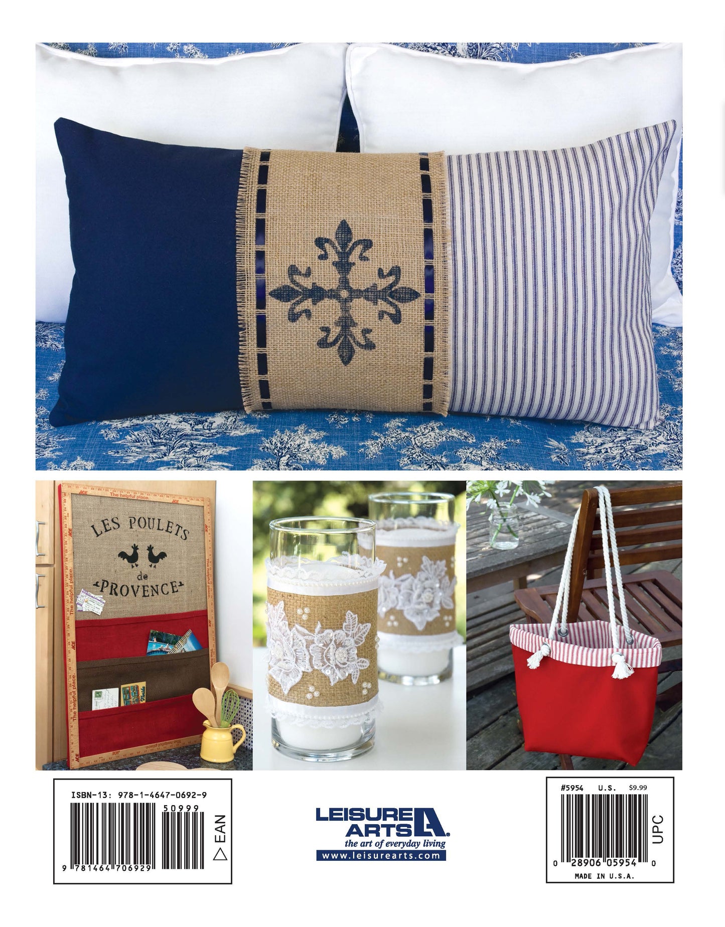Leisure Arts' "Decorate with Burlap" includes a striped blue and tan pillow, a hook wall organizer, lace-wrapped glasses for crafts, and a red tote with striped handles displayed on a white background.