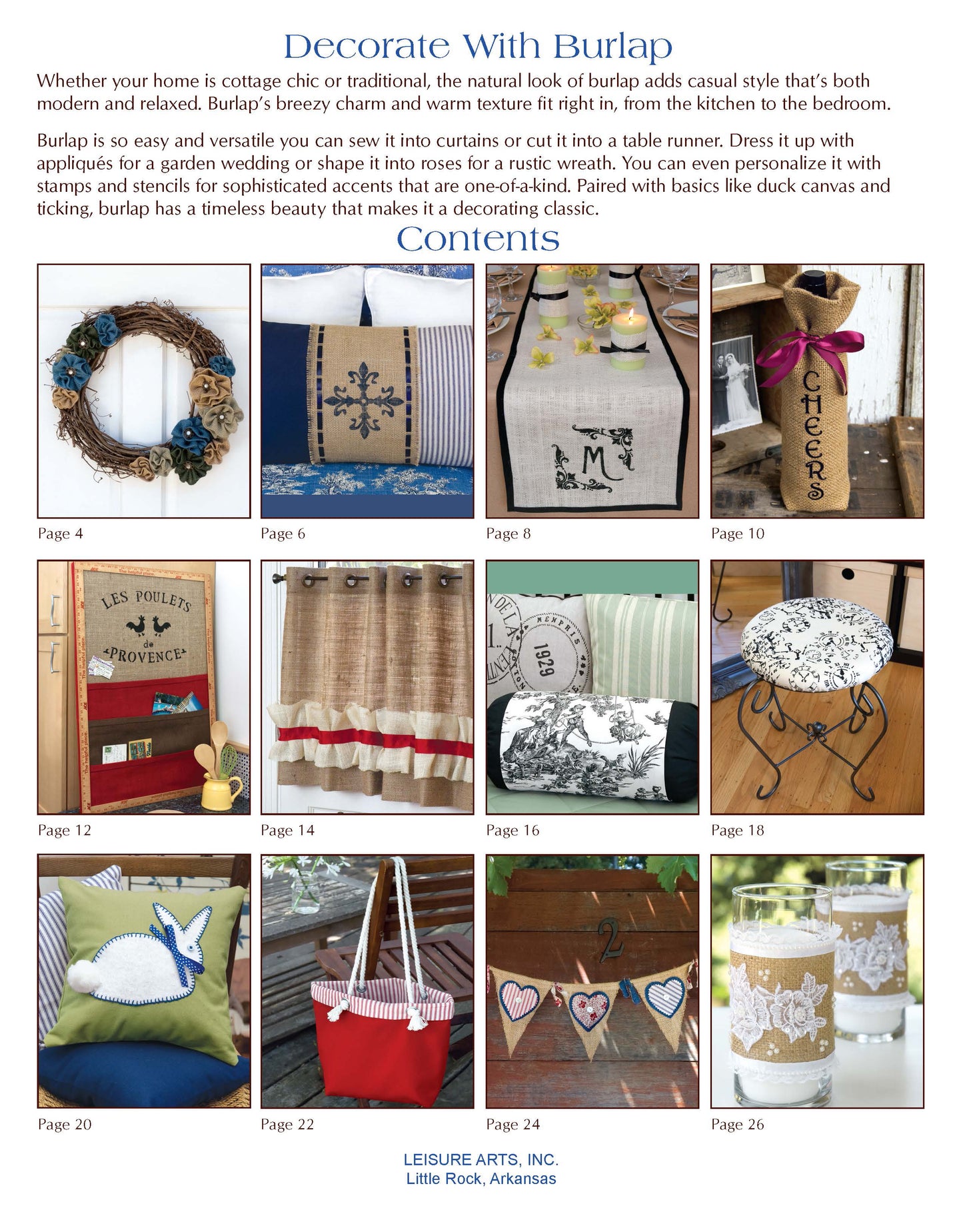 Table of contents for Decorate with Burlap by Leisure Arts, featuring 12 burlap crafts including a wreath, pillow, tote bag, banner, table runner, wine bag, candle holders, curtains & more.