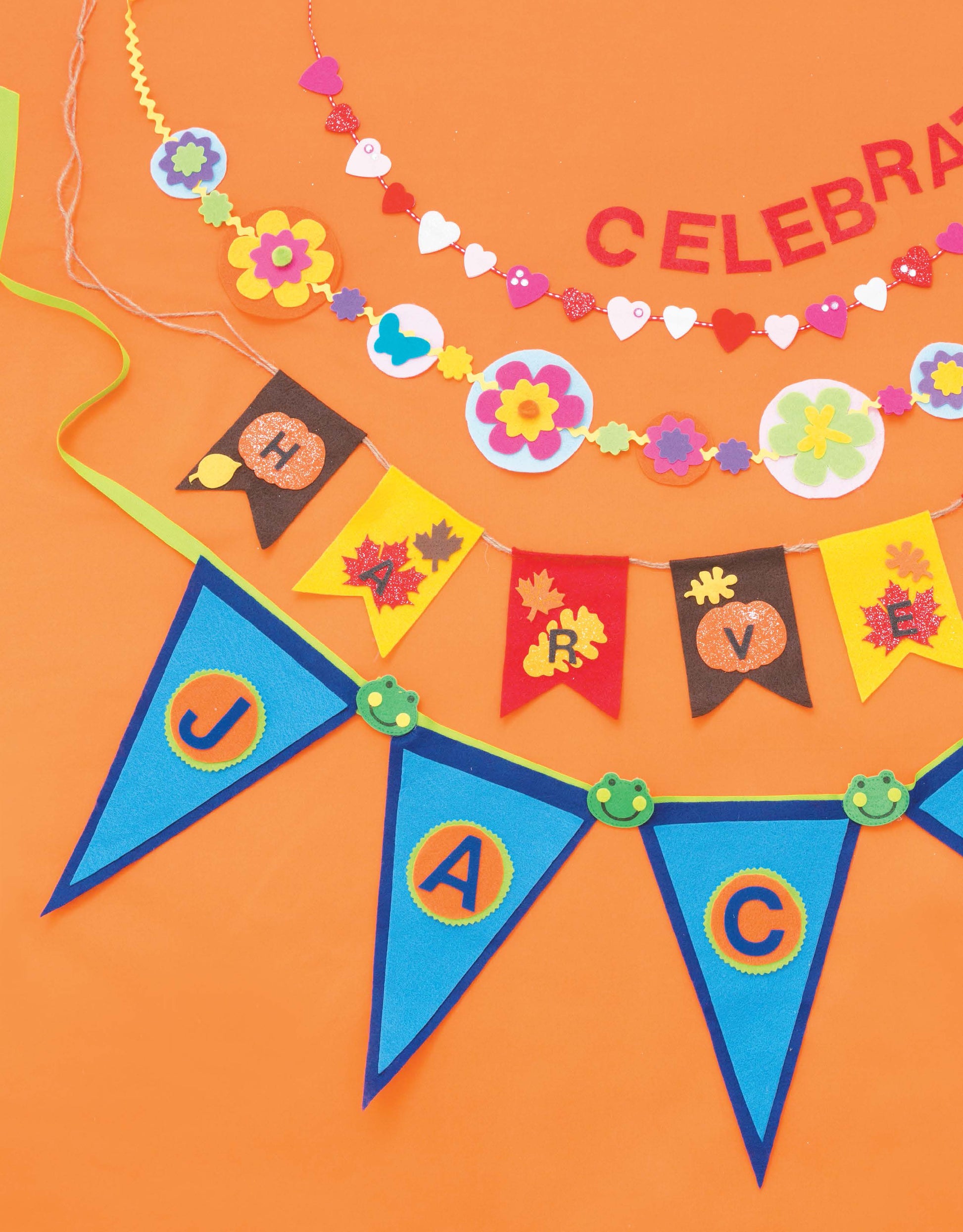 Bright, handmade banners from "Crafting with Felt" by Leisure Arts—featuring floral and heart garlands, autumn flags with H and V letters, plus blue pennants spelling JAC—add charming color to any home decor.