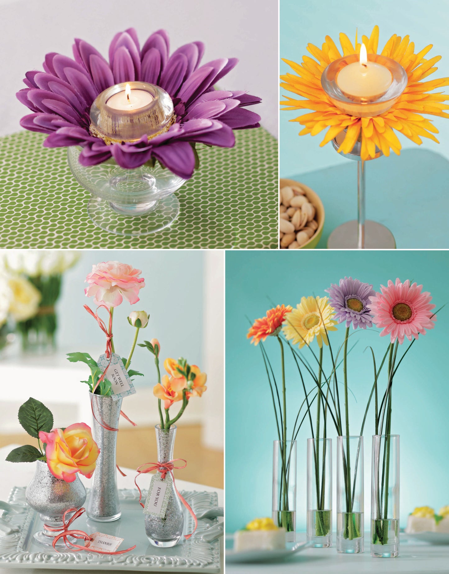 Crafting with Florals by Leisure Arts features glass candle holders with daisy petals, vases with roses and tags, and DIY gerbera daisy arrangements—ideal for home decor on a light blue background.