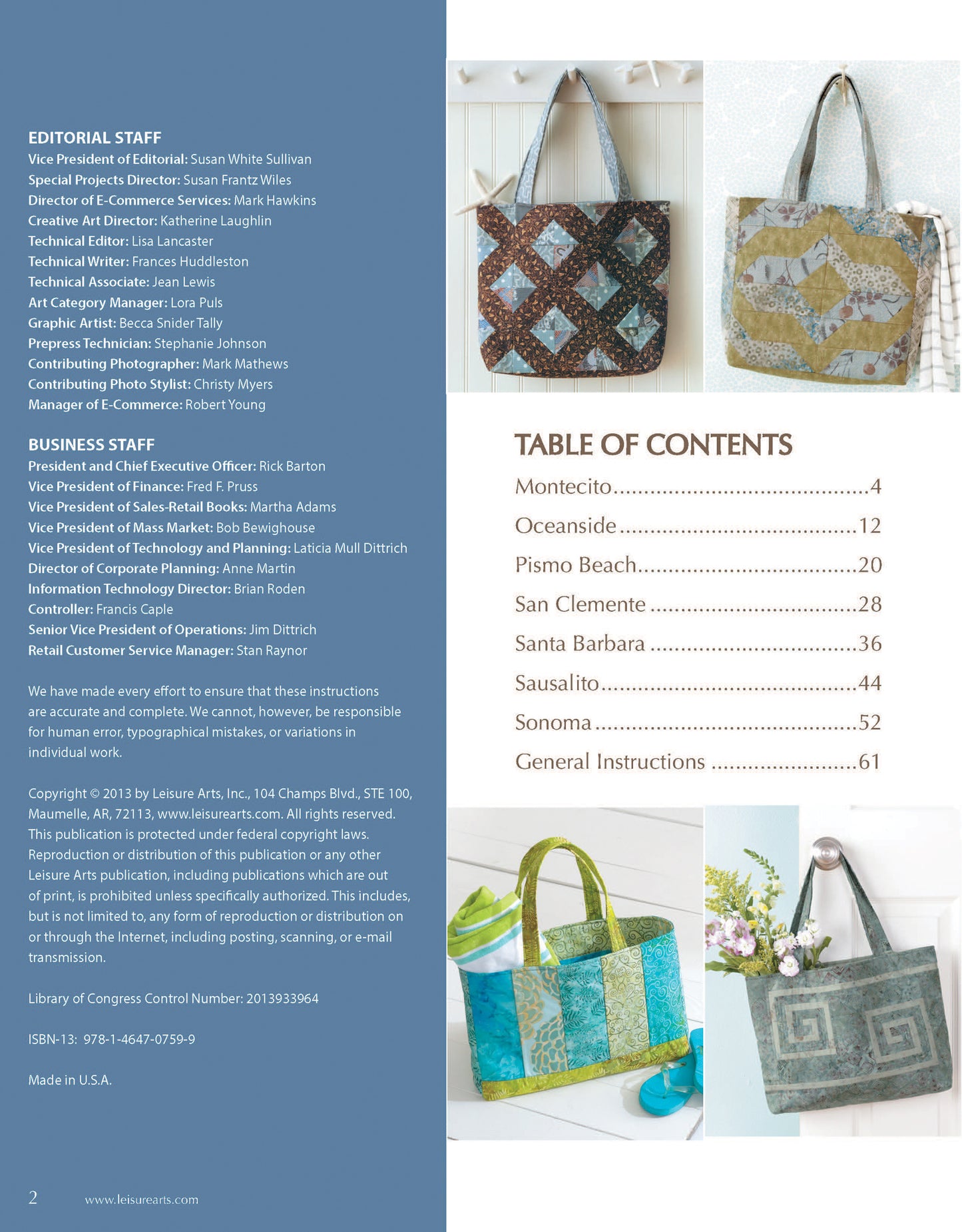A Leisure Arts magazine page displays Fat Quarter Bags at the corners, editorial and business staff details, ISBN, fabric tote patterns, and a contents table with locations and projects on a light blue background.