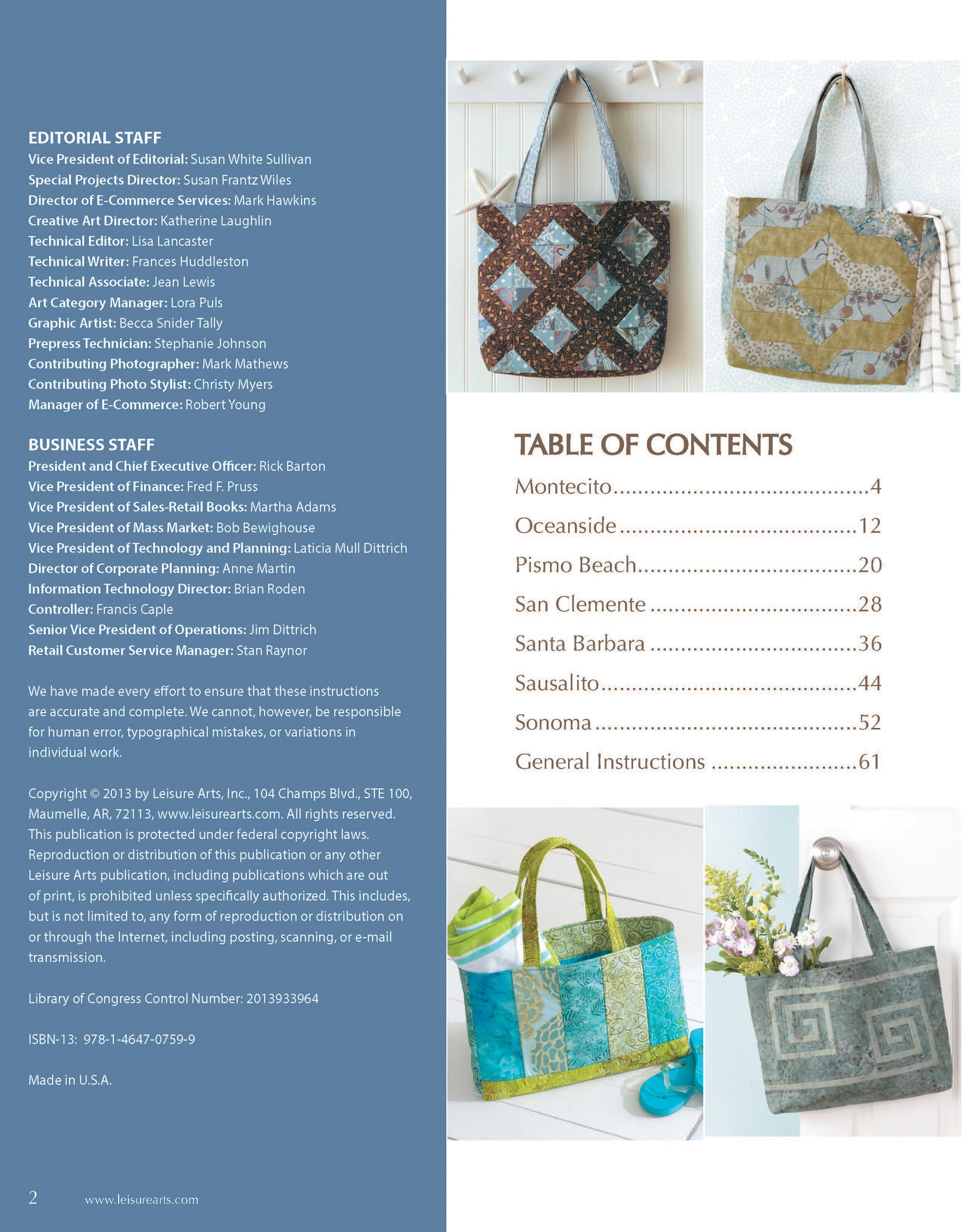 A Leisure Arts magazine page displays Fat Quarter Bags at the corners, editorial and business staff details, ISBN, fabric tote patterns, and a contents table with locations and projects on a light blue background.