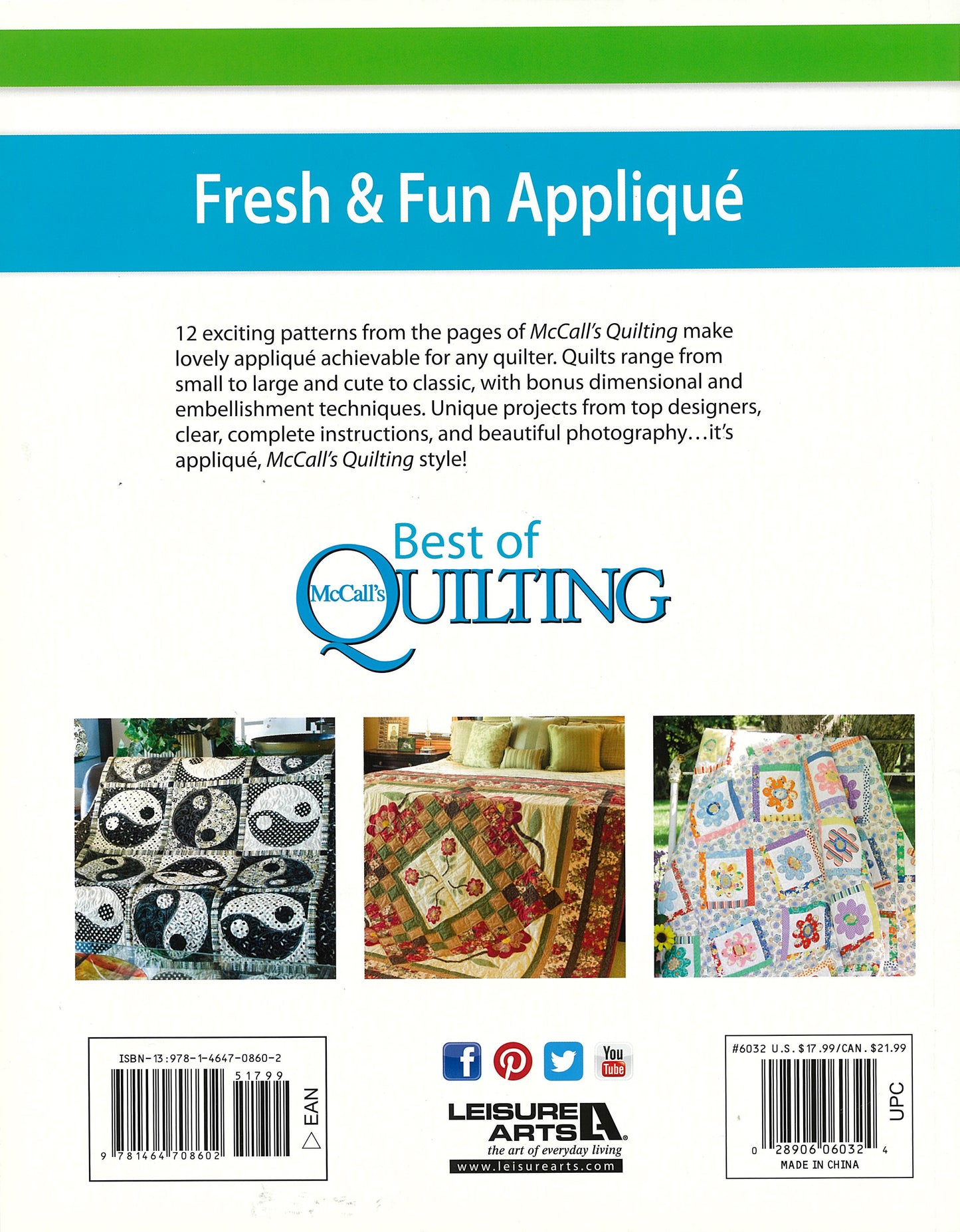 Back cover of Fresh & Fun Applique—12 Projects by Leisure Arts, featuring 12 garden-inspired appliqué quilt patterns, three photos of vibrant quilts, and year-round home décor ideas. Publisher and barcode are shown at the bottom.