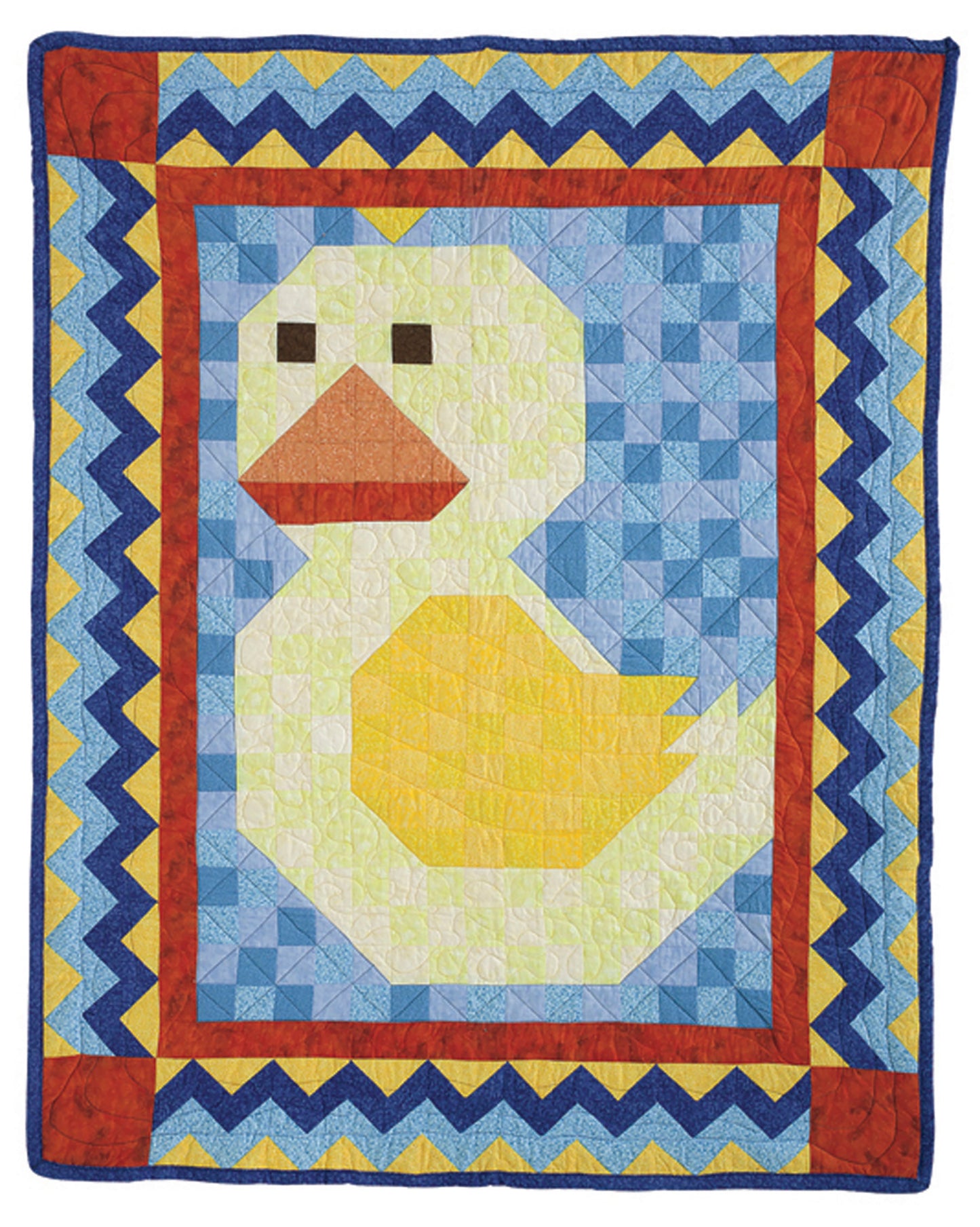 The Patch Pals Collection—Best of Quiltmaker! by Leisure Arts features a vibrant quilt with a geometric yellow duck on a blue background, perfect for beginners, using simple squares and bordered with playful zigzag and solid designs.