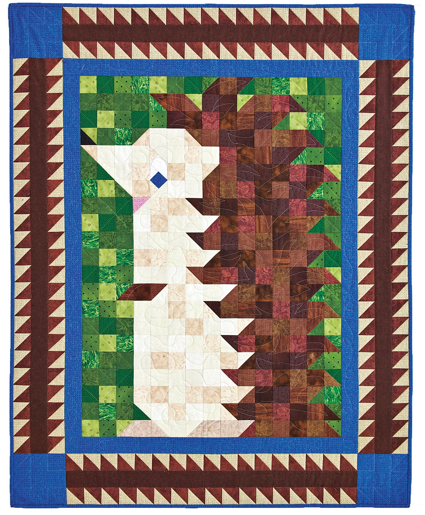 Perfect for beginners, the Patch Pals Collection—Best of Quiltmaker! by Leisure Arts features a small quilt with a geometric white hedgehog, brown spiky back, green background, and blue, red, and white triangle borders.