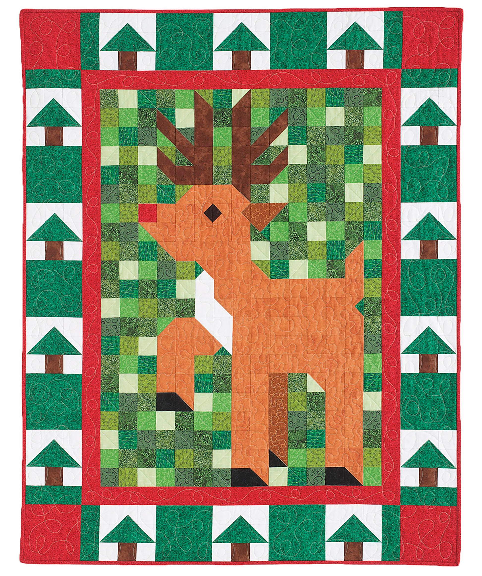 The Patch Pals Collection—Best of Quiltmaker! by Leisure Arts features a vibrant patchwork quilt with an orange and brown reindeer, green and white trees, and a red border—ideal for small quilts or beginner quilting projects.