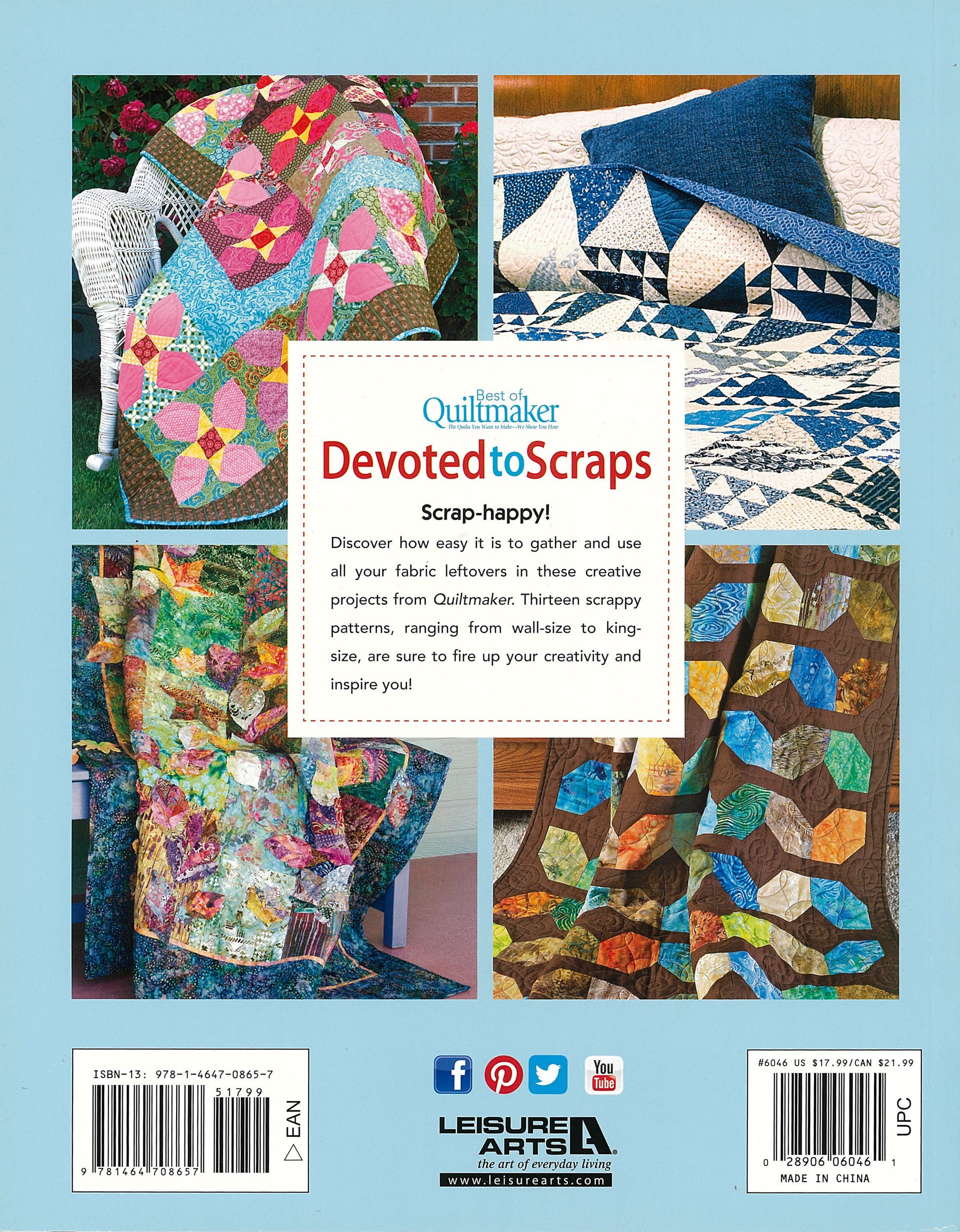 The back cover of Leisure Arts’ "Devoted to Scraps—Best of Quiltmaker" features four vibrant quilts on chairs and a bed, with text inspiring creative use of fabric scraps for quilting projects.