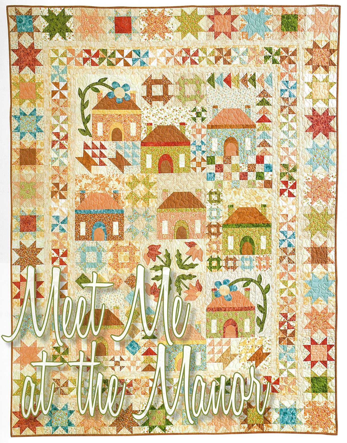A vibrant patchwork quilt from Devoted to Scraps—Best of Quiltmaker by Leisure Arts features houses, flowers, and star patterns, perfect for fabric crafts, with "Meet Me at the Manor" displayed at the bottom.