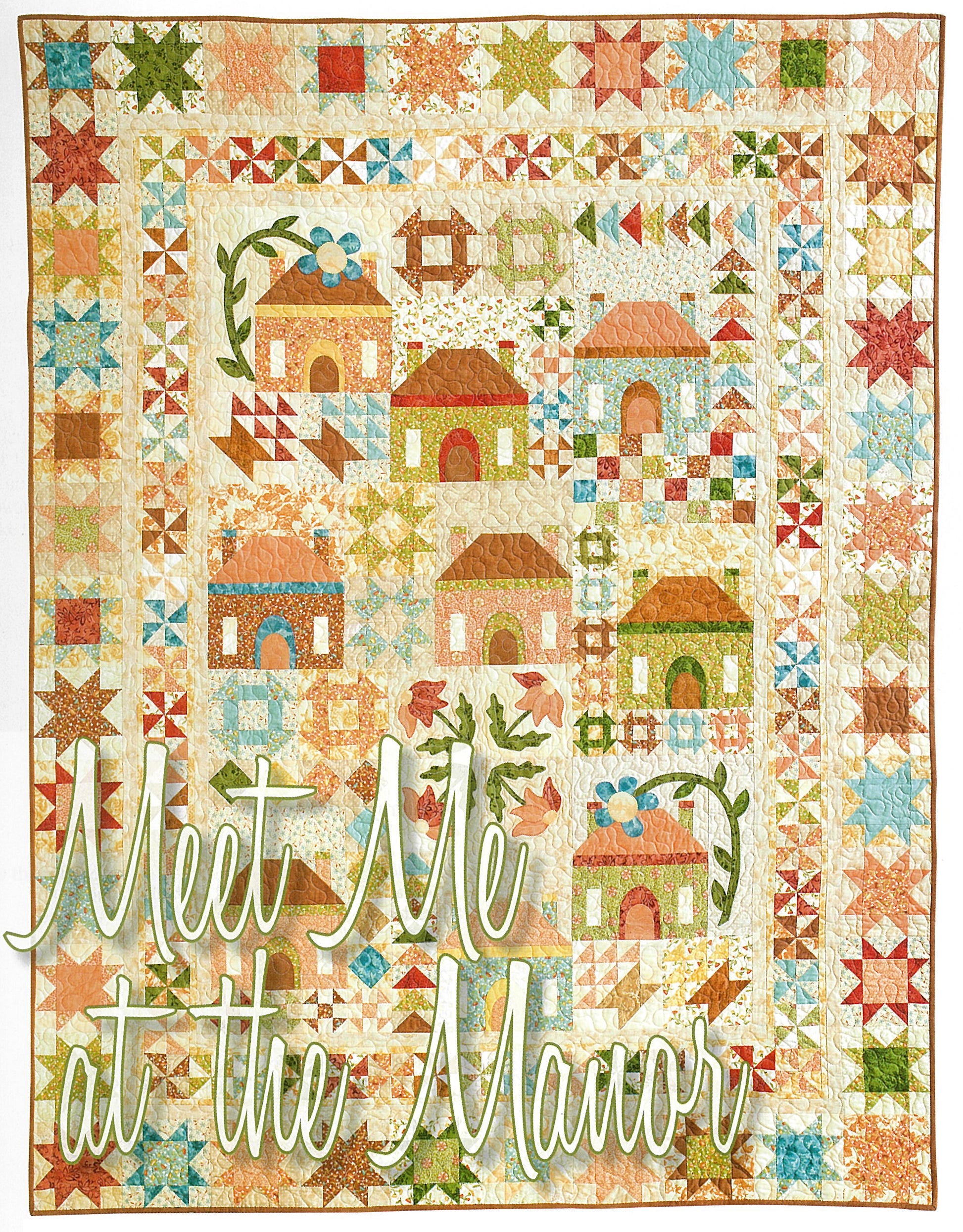 A vibrant patchwork quilt from Devoted to Scraps—Best of Quiltmaker by Leisure Arts features houses, flowers, and star patterns, perfect for fabric crafts, with "Meet Me at the Manor" displayed at the bottom.