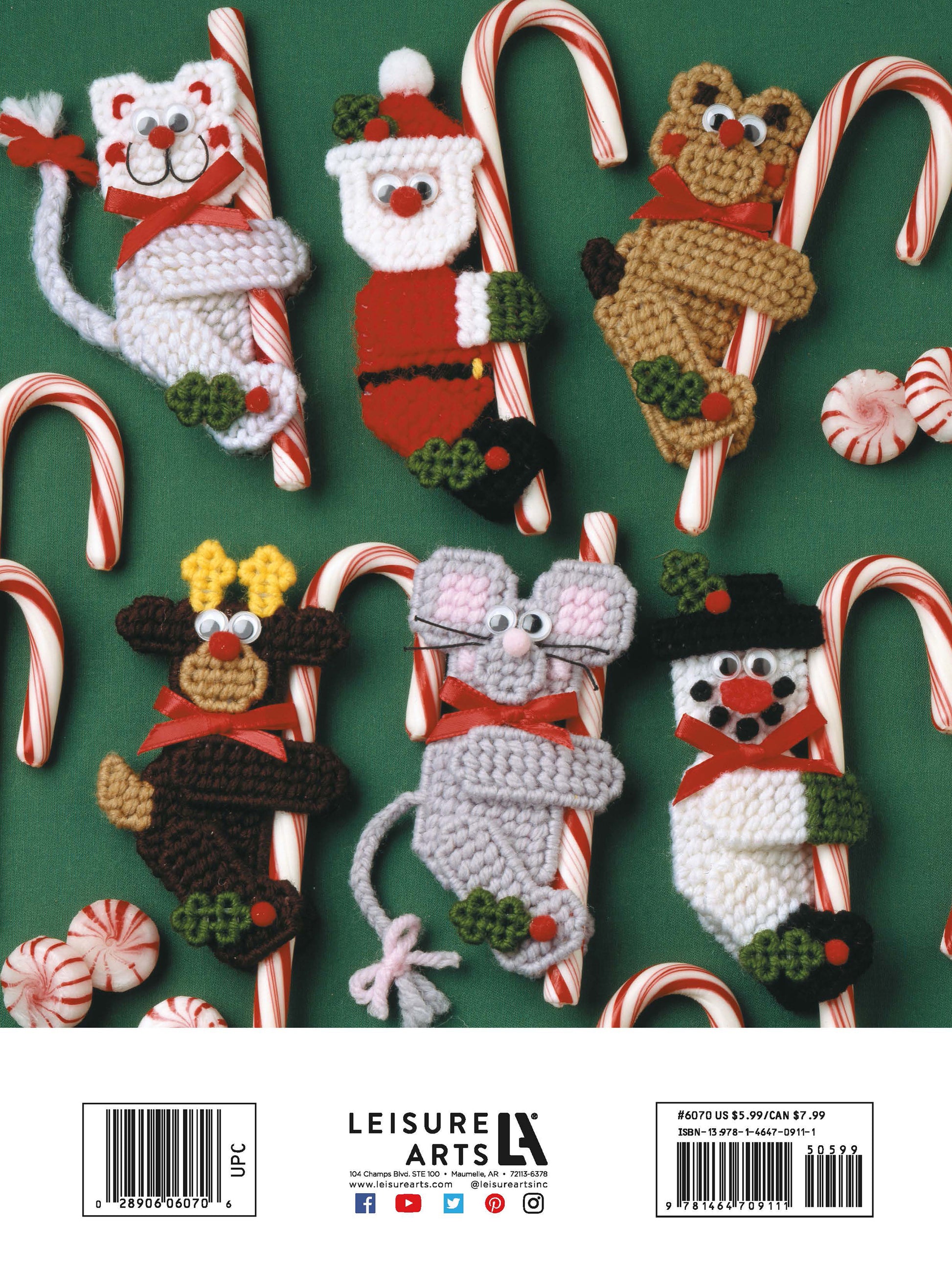 Candy Cane Climbers by Leisure Arts features crocheted animal ornaments—cat, bear, dog, mouse, cow, and snowman—each hugging a candy cane. Perfect for Christmas crafts, they're displayed with extra candy canes and green-striped candies.