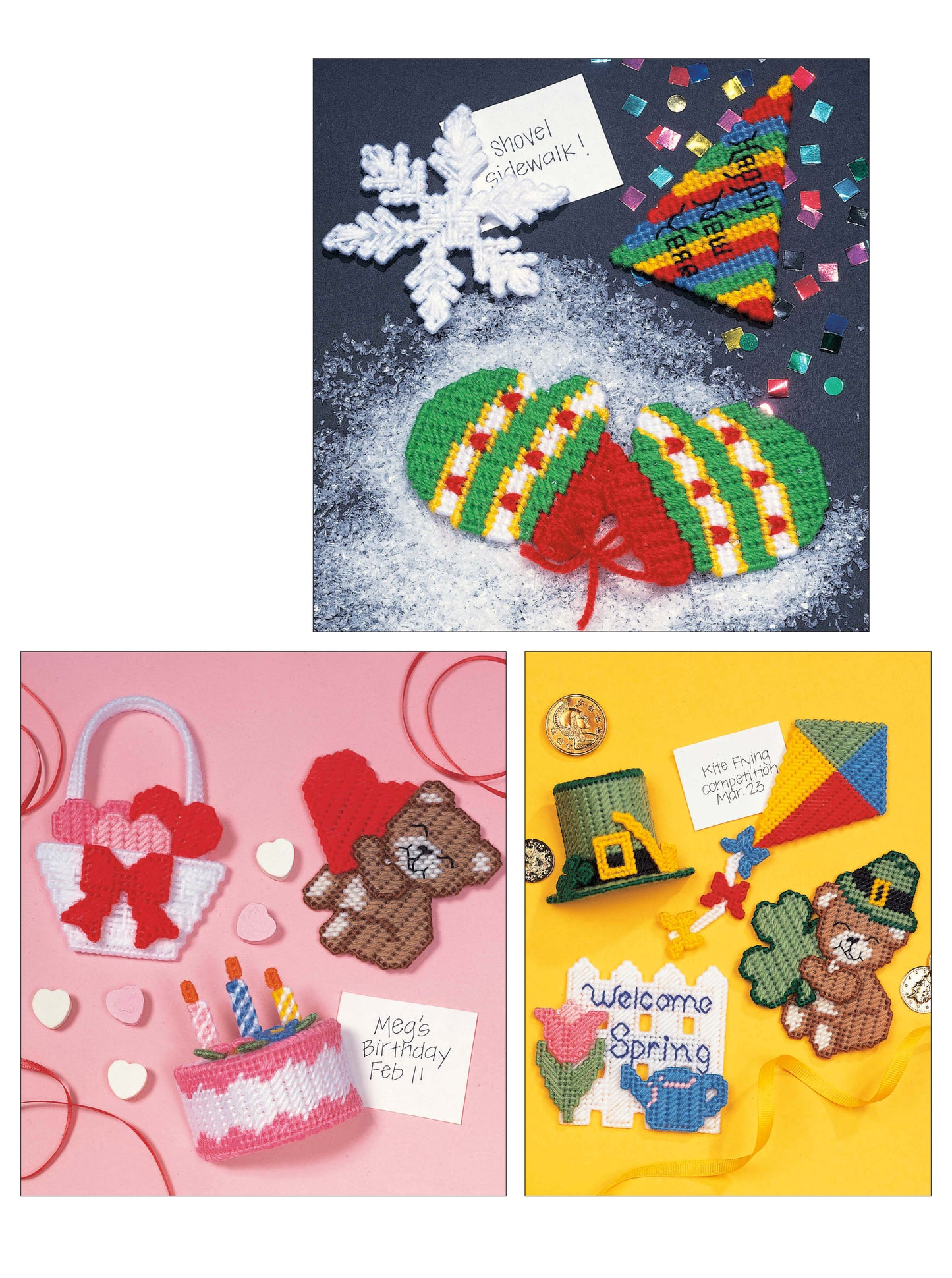 Leisure Arts’ Magnets Thru Out the Year features festive plastic canvas crafts, including seasonal snowflake and hat magnets, a teddy bear, birthday cake, basket with hearts, plus beginner projects like a leprechaun hat, kite, and flower.