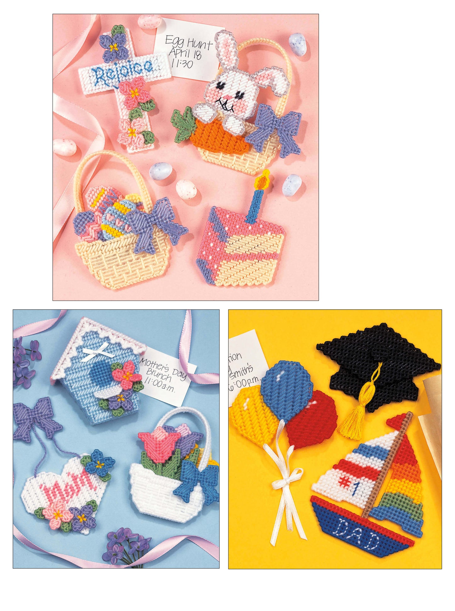 Leisure Arts’ Magnets Thru Out the Year features beginner-friendly plastic canvas crafts—Easter baskets, a bunny, cross, cake slice, balloons, graduation cap and more—displayed on pastel backgrounds with event tags.