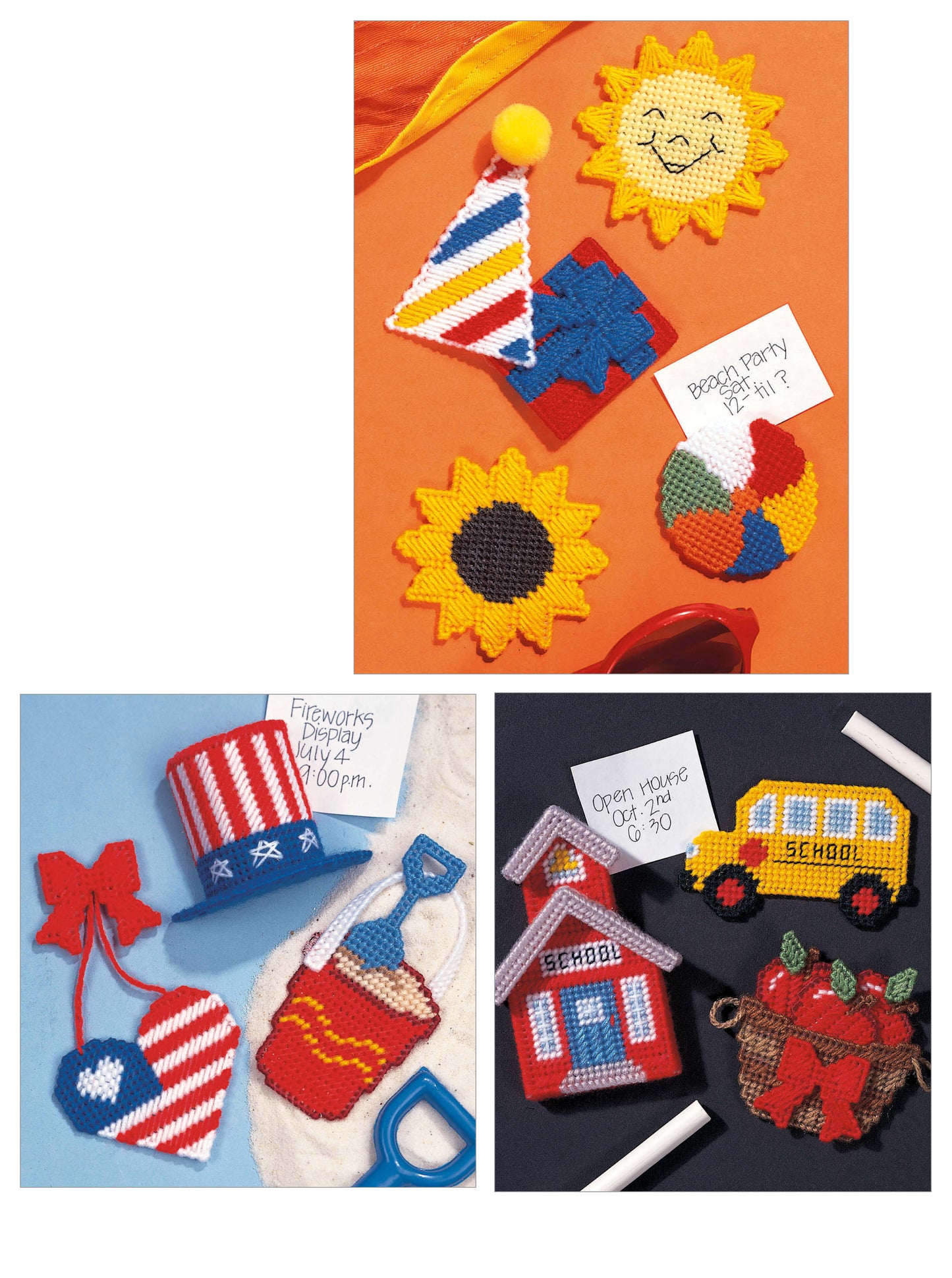 Three photos of vibrant beginner plastic canvas crafts from Leisure Arts’ Magnets Thru Out the Year: a sun, party hat, puzzles, and sunflower; patriotic magnets—hat, heart, flag—with fireworks invite; plus school bus and apples for open house.