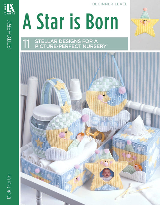 Create a picture perfect nursery for your tot with Leisure Arts' "A Star Is Born"—pastel yarn designs include a star photo frame, baby blocks, tissue box cover, basket, and moon-and-stars wall hanging.