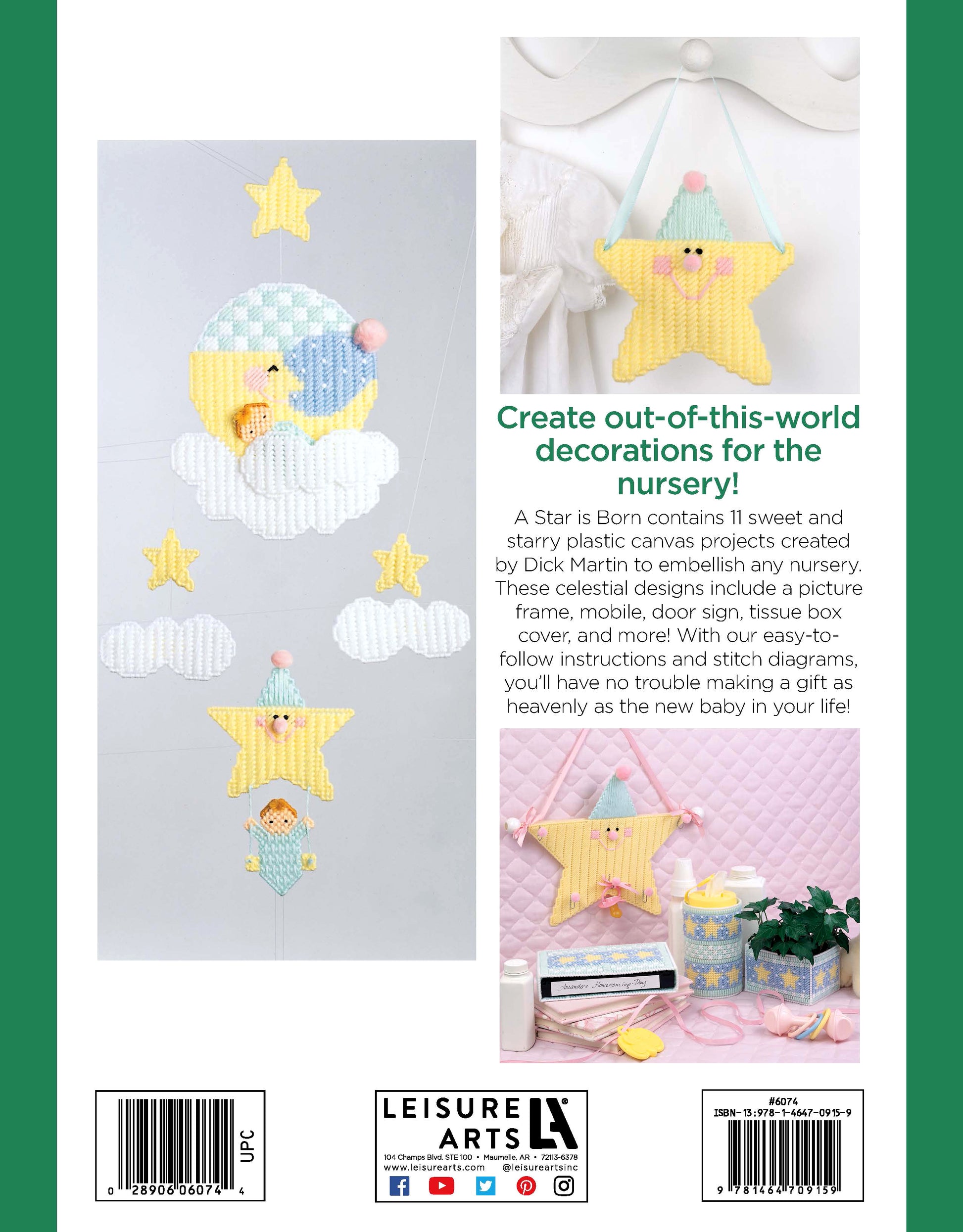 The back cover of Leisure Arts’ "A Star Is Born—Create a Picture Perfect Nursery for Your Tot!" shows a nursery with celestial mobile, plush star, and crib, featuring plastic canvas projects for baby nursery accessories and decorative accents.