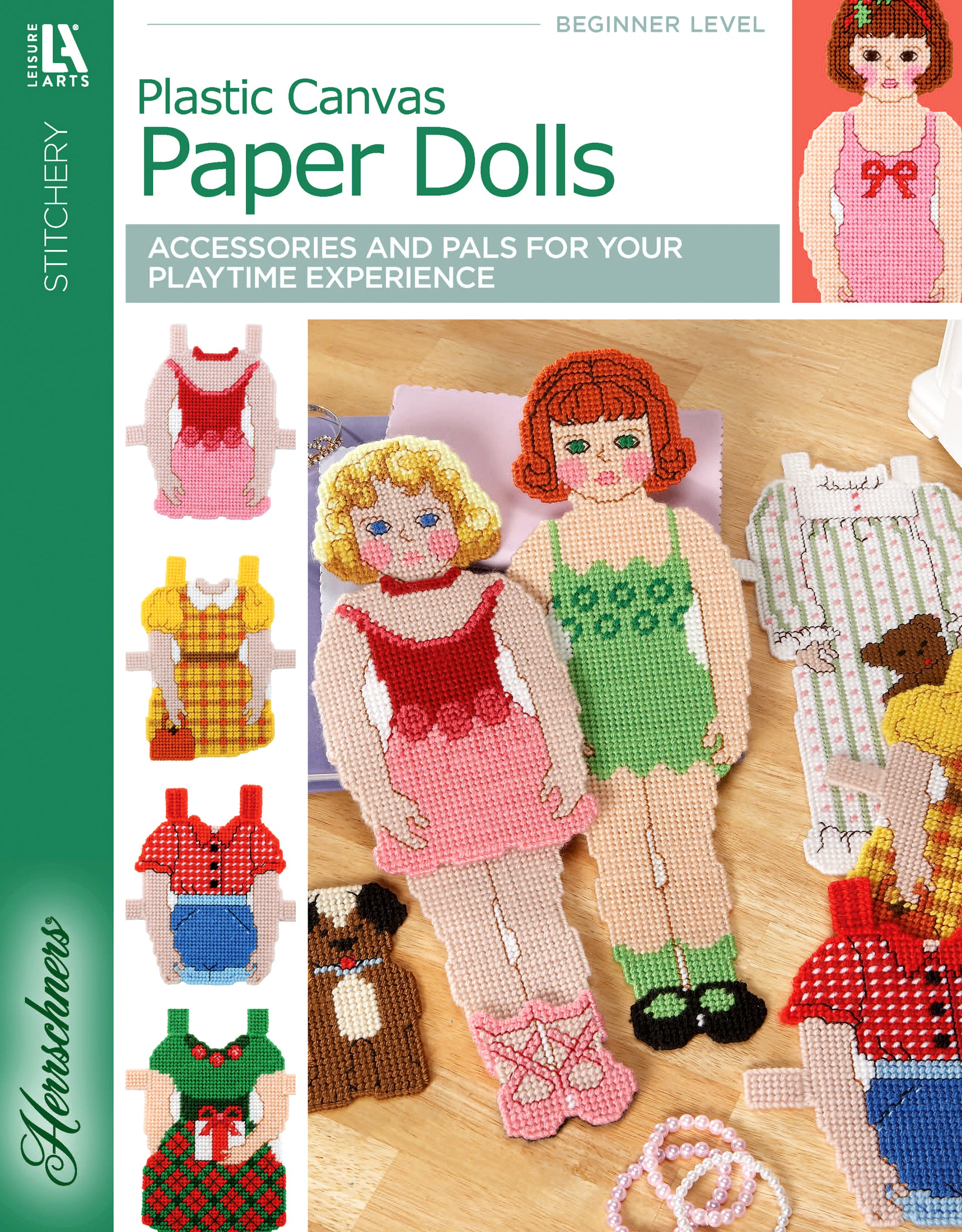 Cover of "Paper Dolls" by Leisure Arts, showing charming dolls with holiday and everyday outfits, dresses, shoes, accessories, and a small dog arranged on a flat surface.