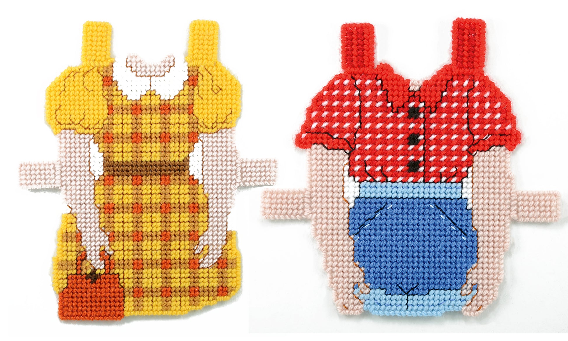 Paper Dolls by Leisure Arts features two charming beaded figures—one in a yellow plaid dress with an orange bag, the other in a red shirt and blue shorts. Both resemble playful paper dolls but have no heads or feet.