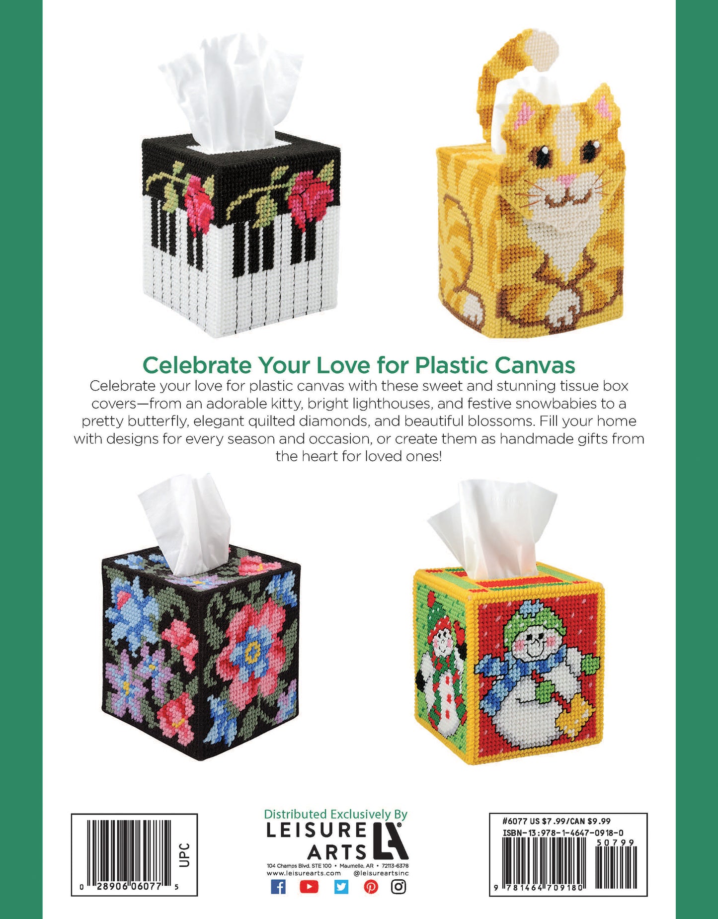 Leisure Arts' "Tissue Box Covers—8 Projects to Brighten Up Any Room in Your Home" features colorful, worsted-weight-yarn designs like a piano with a rose, orange cat, floral on black, and green holiday snowman.