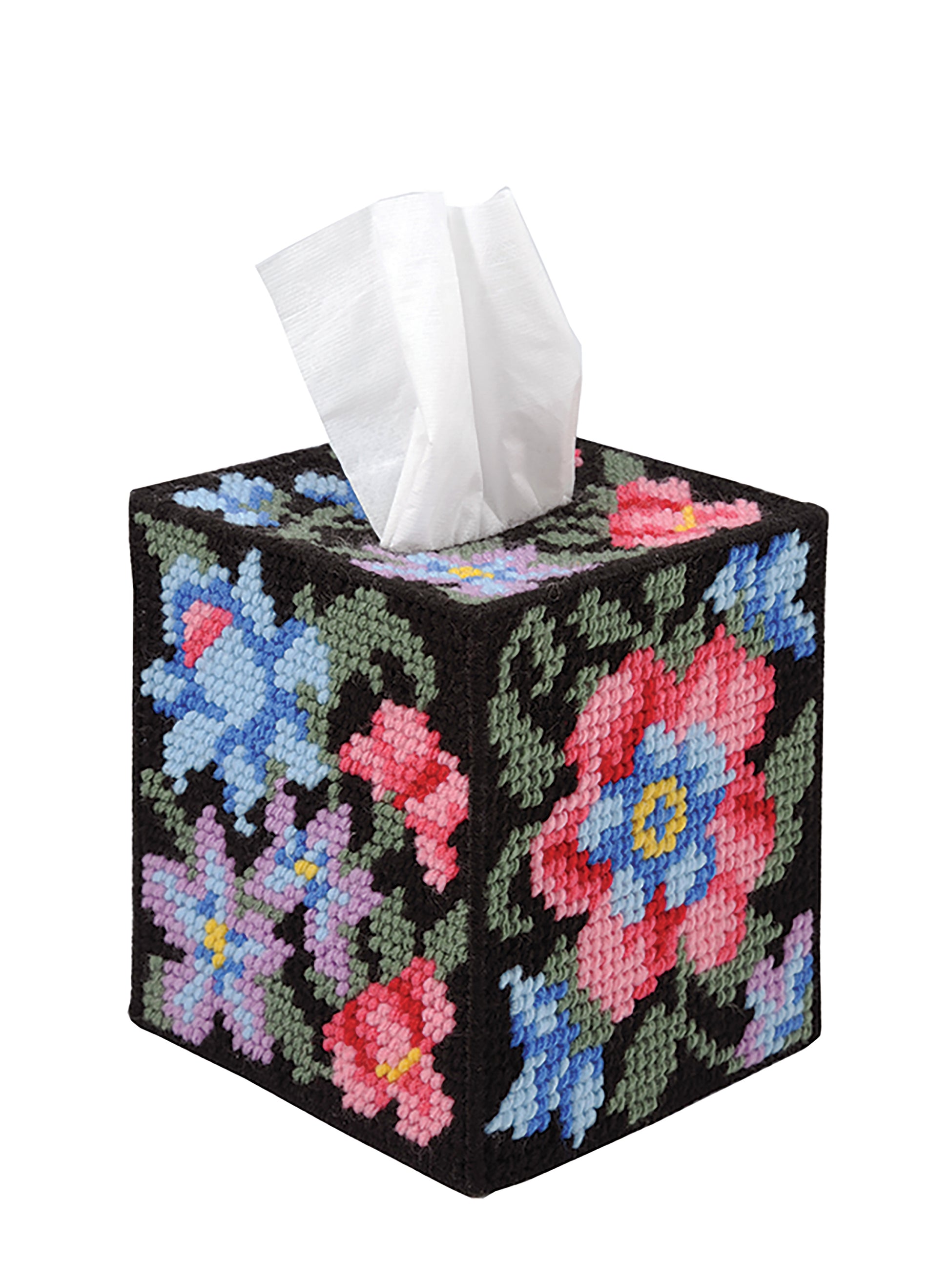 Leisure Arts' "Tissue Box Covers—8 Projects to Brighten Up Any Room in Your Home" features cube-shaped covers with plastic canvas and colorful floral embroidery on black, displaying white tissues partly pulled from the top.