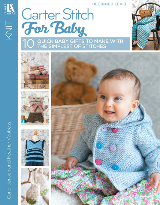 A smiling baby in a light blue garter stitch jacket with colorful buttons, surrounded by soft toys, appears on the cover of Leisure Arts' Garter Stitch for Baby beginner knitting pattern book.