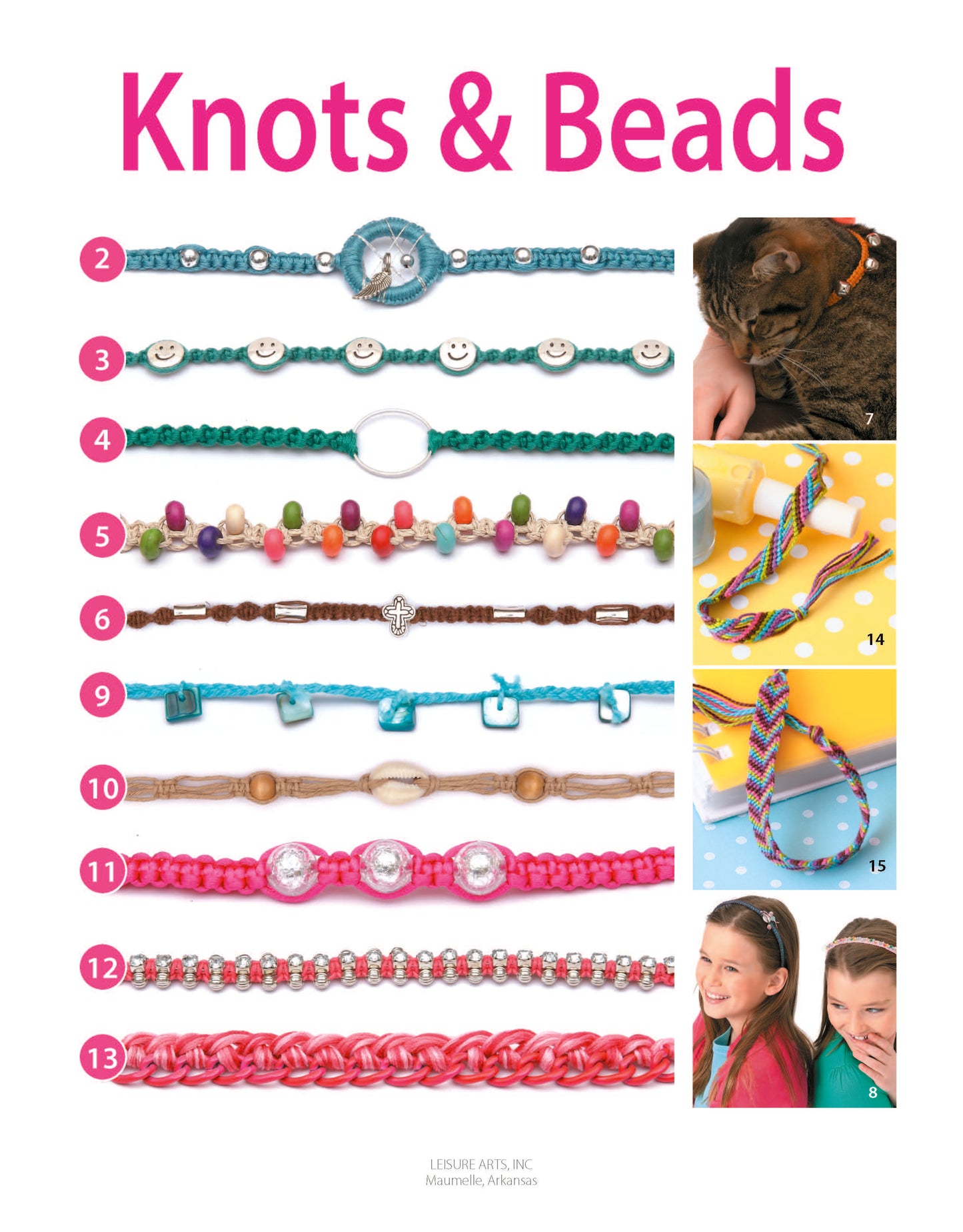 Knots & Beads—Easy Jewelry to Make & Share! by Leisure Arts is a digital guide featuring 13 beginner-friendly knotted and beaded bracelet projects, shown with close-ups of bracelets, a cat, and two happy tweens wearing their creations.