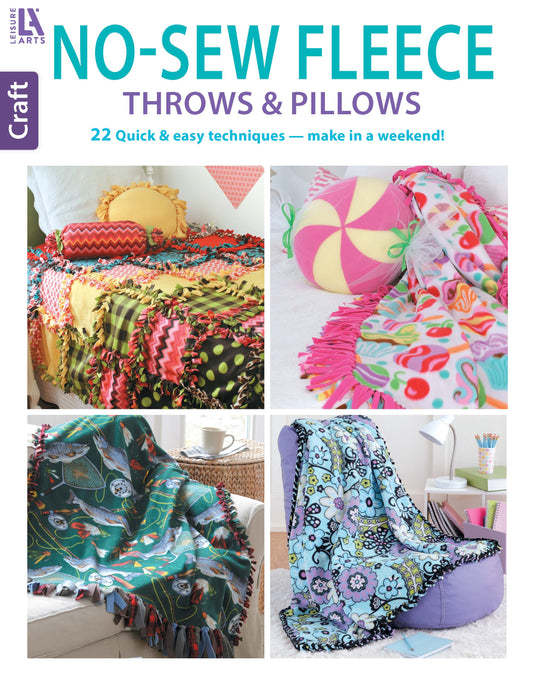 Cover of Leisure Arts’ No-Sew Fleece Throws & Pillows, showing vibrant fleece blankets and pillows with fringed edges in bright patterns—ideal beginner crafts—draped over beds and furniture.