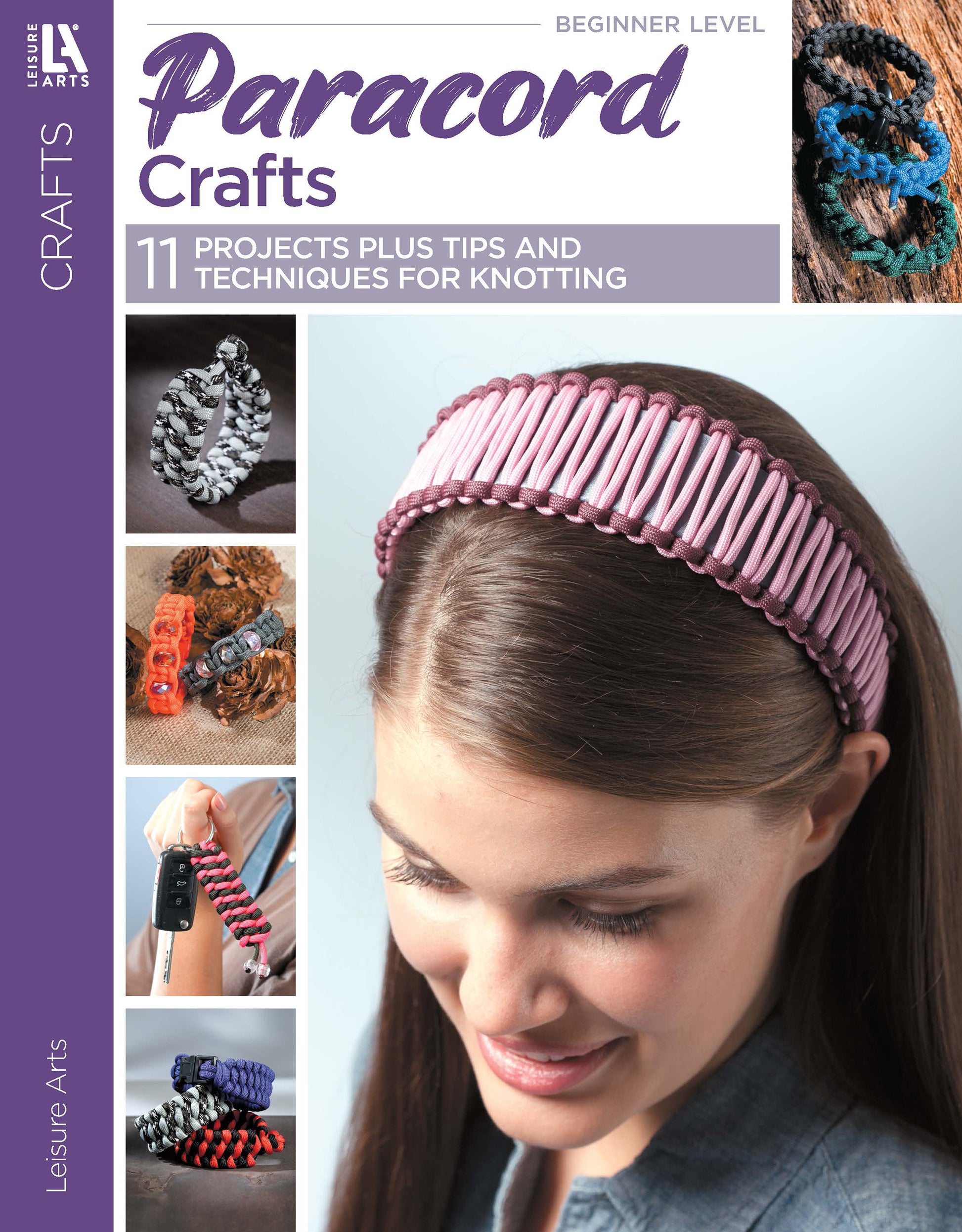 The cover of Leisure Arts' "Paracord Crafts" shows a woman in a pink and gray paracord headband, with photos of various paracord projects—such as stylish cobra stitch bracelets—featured on the left.