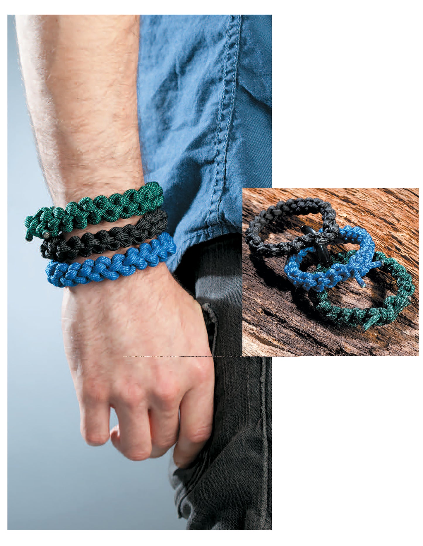 A person wears three cobra stitch Paracord Crafts bracelets by Leisure Arts in green, black, and blue. An inset image displays similar bracelets on a wooden surface.