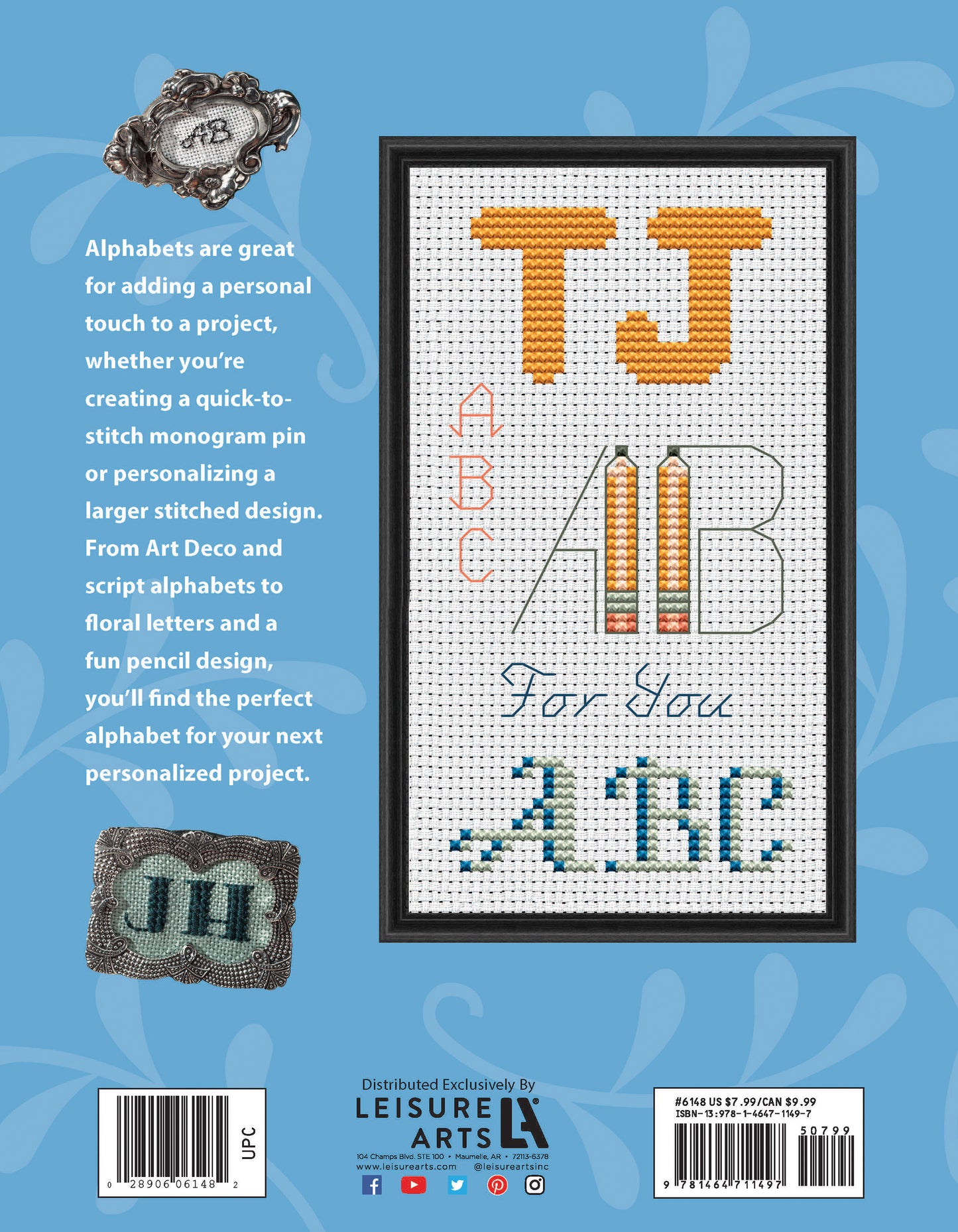 The cover of Leisure Arts' "12 Alphabets to Stitch" displays a framed cross-stitch sampler with colorful stitched letters on blue. Top left text highlights creative ways to personalize projects using embroidery fonts.