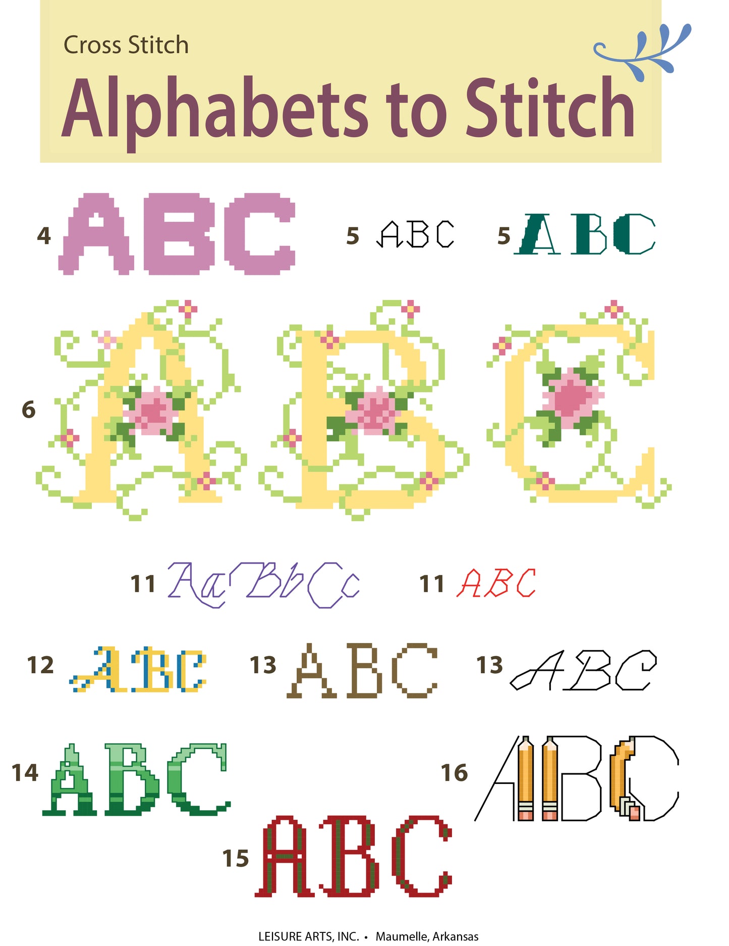 Leisure Arts' "12 Alphabets to Stitch" features a colorful chart with twelve cross stitch alphabets, offering various fonts, decorative floral patterns, and inspiration for personalized embroidery on Aida cloth.