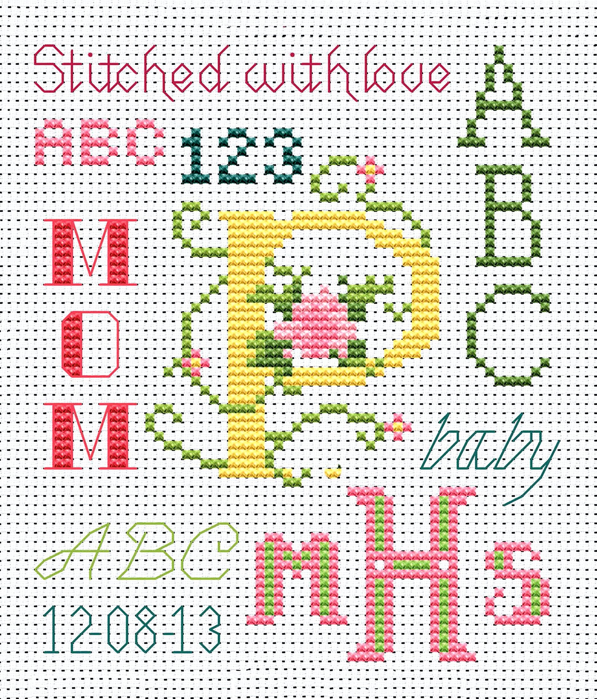 The Leisure Arts "12 Alphabets to Stitch" sampler features colorful stitched words like “Stitched with love,” “MOM,” “baby,” and a large letter “P” with a pink flower, all displayed on classic Aida cloth patterns.