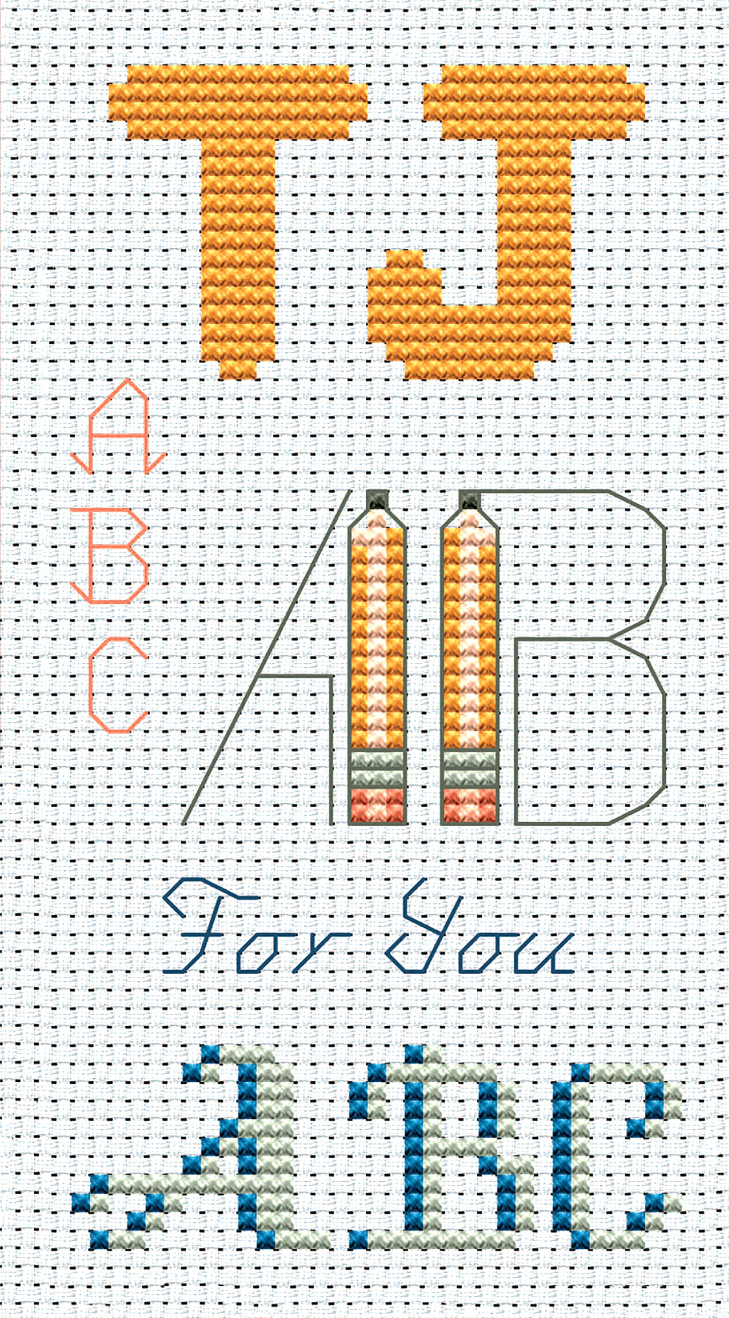 Leisure Arts’ “12 Alphabets to Stitch” features unique cross-stitch alphabets—like a pencil-style “A”—plus personalized embroidery fonts and Aida cloth patterns in blue and green.