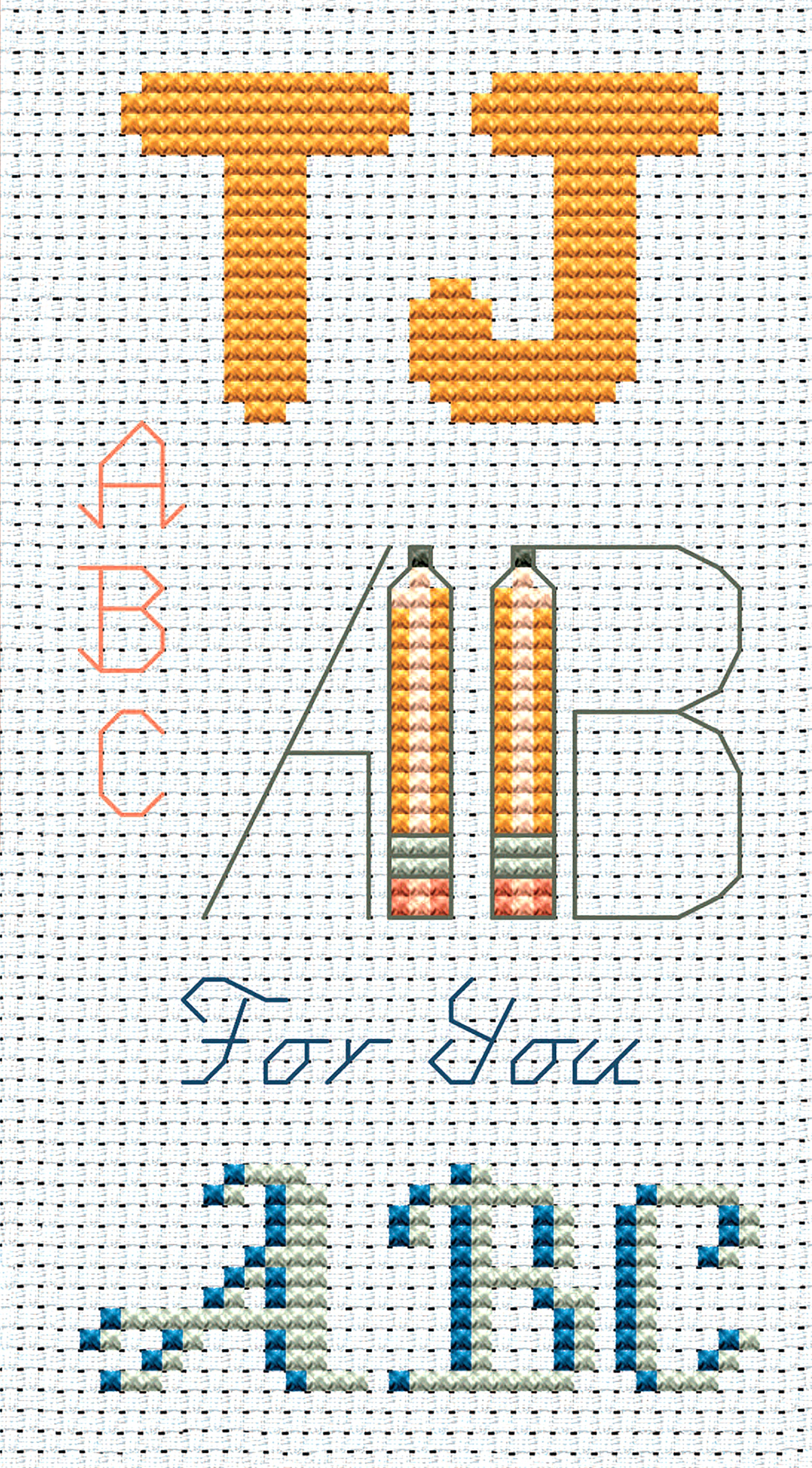 Leisure Arts’ “12 Alphabets to Stitch” features unique cross-stitch alphabets—like a pencil-style “A”—plus personalized embroidery fonts and Aida cloth patterns in blue and green.