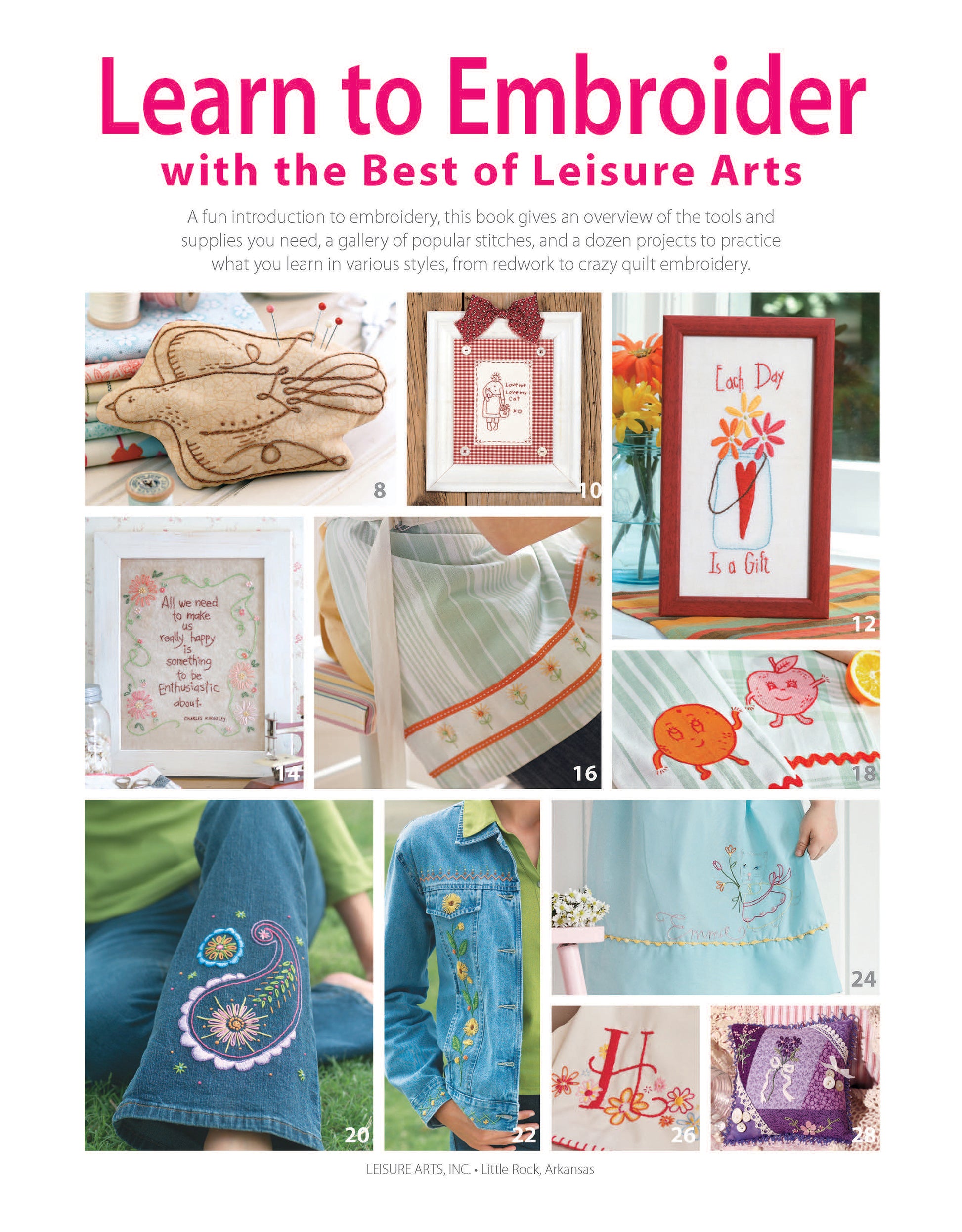 A collage of embroidered projects—gloves, framed art, jeans, tote bag, tea towel, pillows, jacket—appears under "Learn to Embroider with the Best of Leisure Arts" by Leisure Arts in bold pink text at the top.