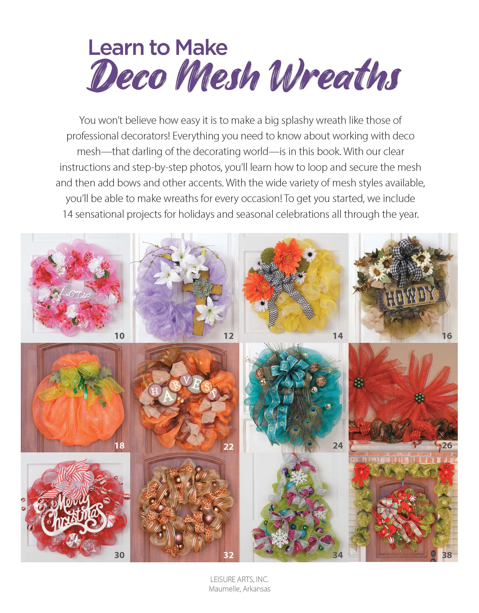 A collage of nine colorful mesh wreaths showcases holiday styles crafted on wire frames, with "Learn to Make Deco Mesh Wreaths" by Leisure Arts featured above.