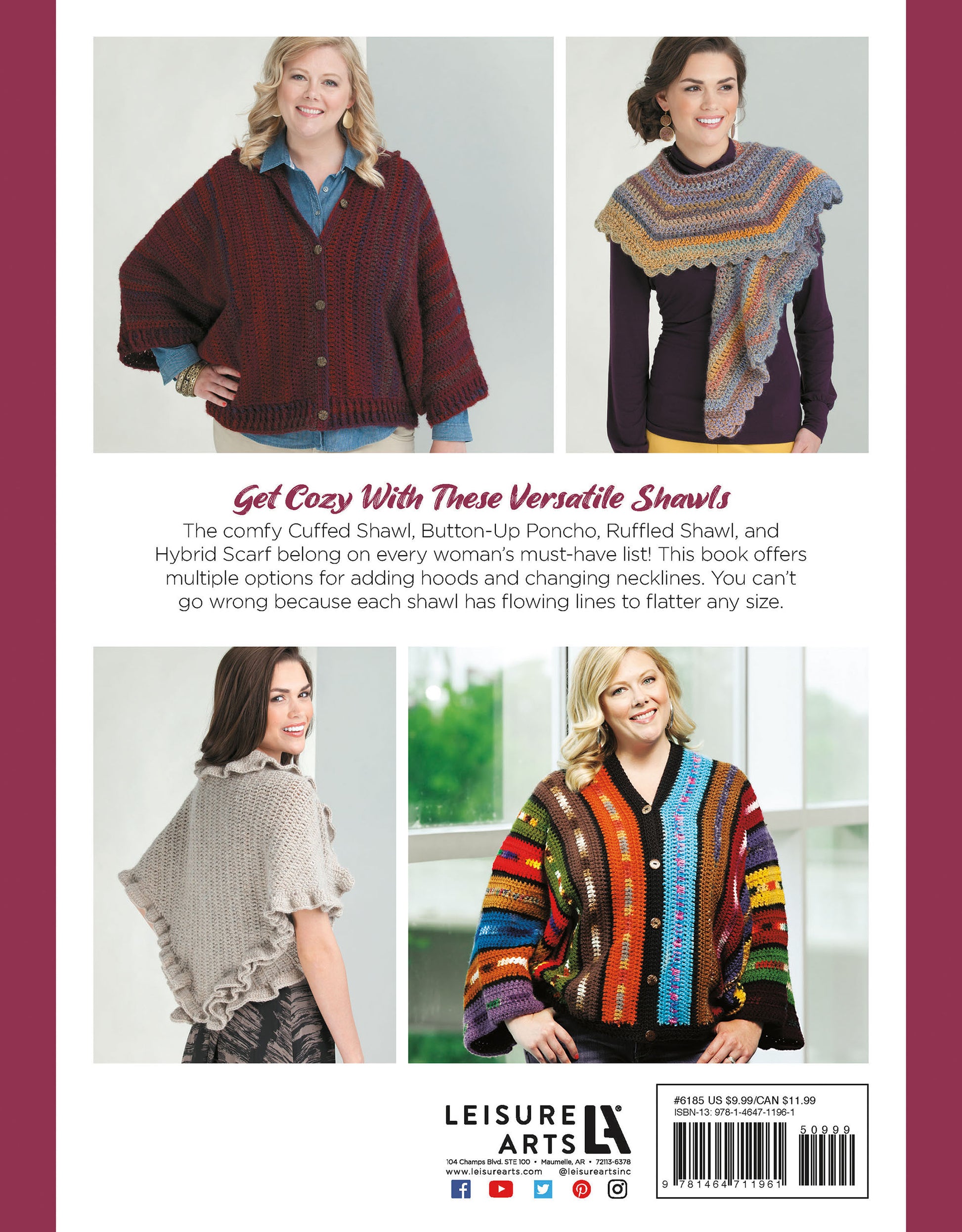 Four women wear vibrant ponchos and textured hybrid scarves from Leisure Arts’ Crochet the Cuffed Shawl & More, smiling against a light background. Text above highlights these cozy, versatile patterns as easy to make.