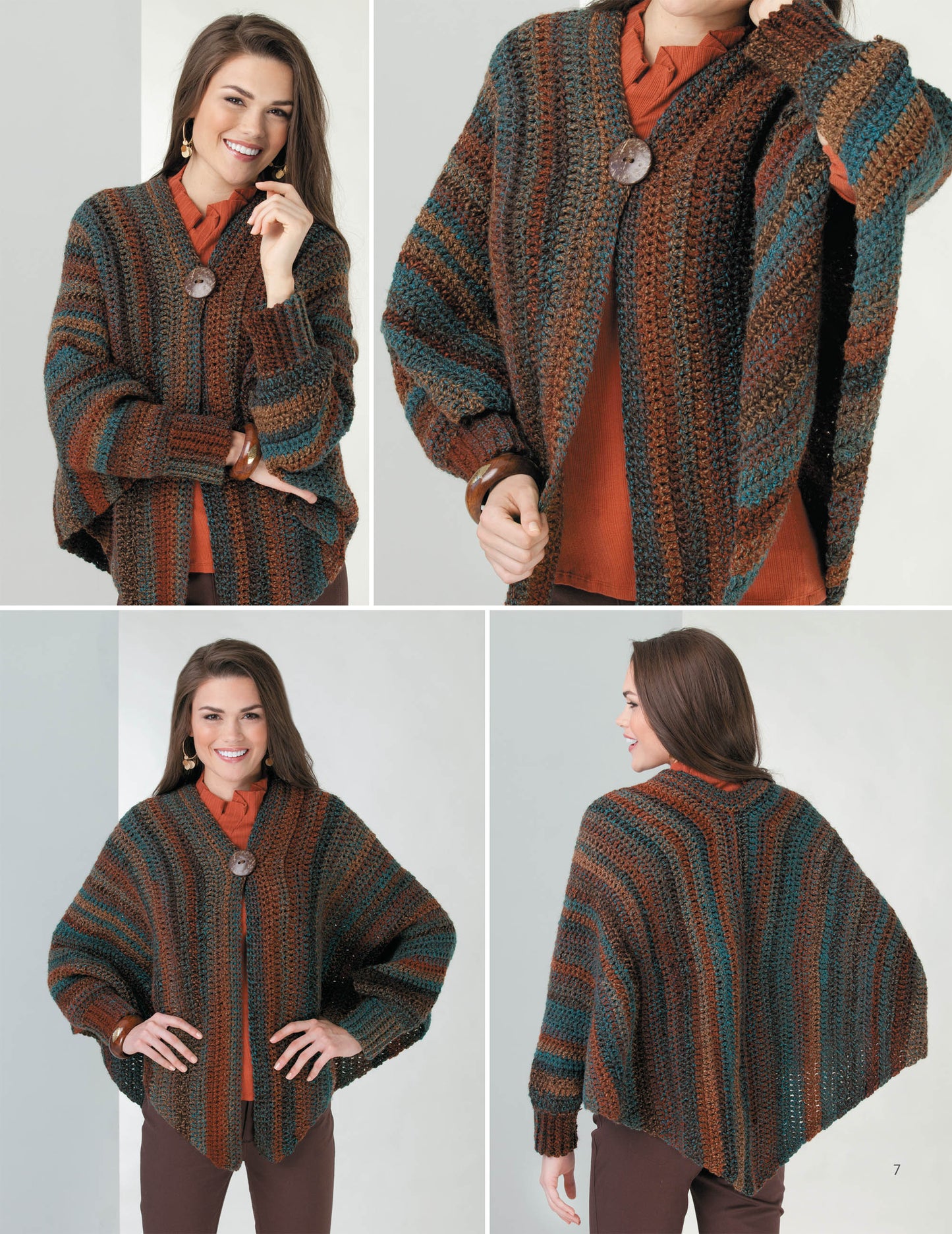 Four images display a woman modeling Leisure Arts' "Crochet the Cuffed Shawl & More," a loose, striped cardigan in brown, teal, and rust. It features a large front button and versatile hybrid scarf design—perfect for easy crochet pattern lovers.