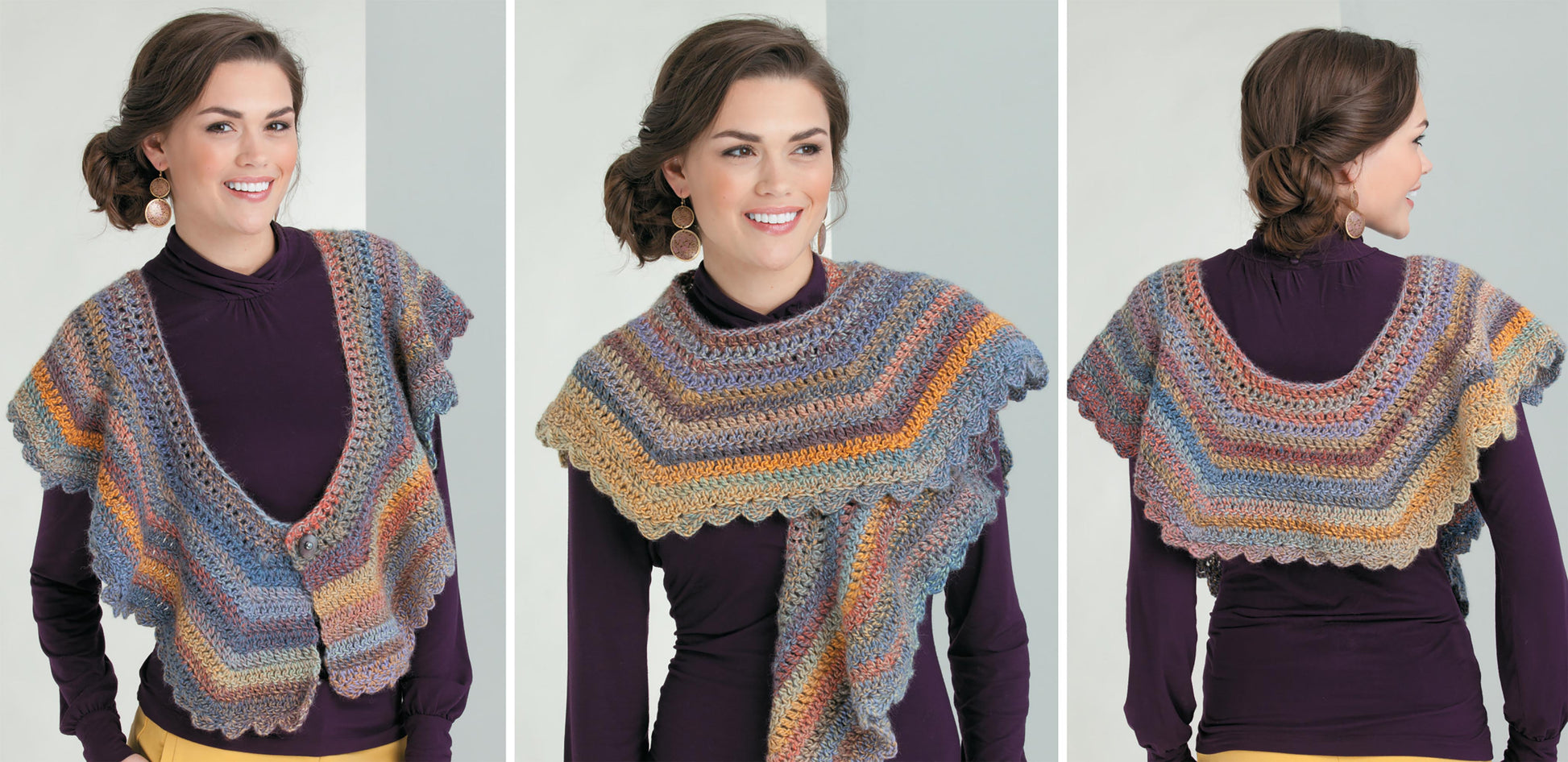 Three photos show a woman modeling the Leisure Arts "Crochet the Cuffed Shawl & More" in multicolored yarn over a purple long-sleeve top, highlighting the shawl’s detailed pattern and wavy edges from front, side, and back views.