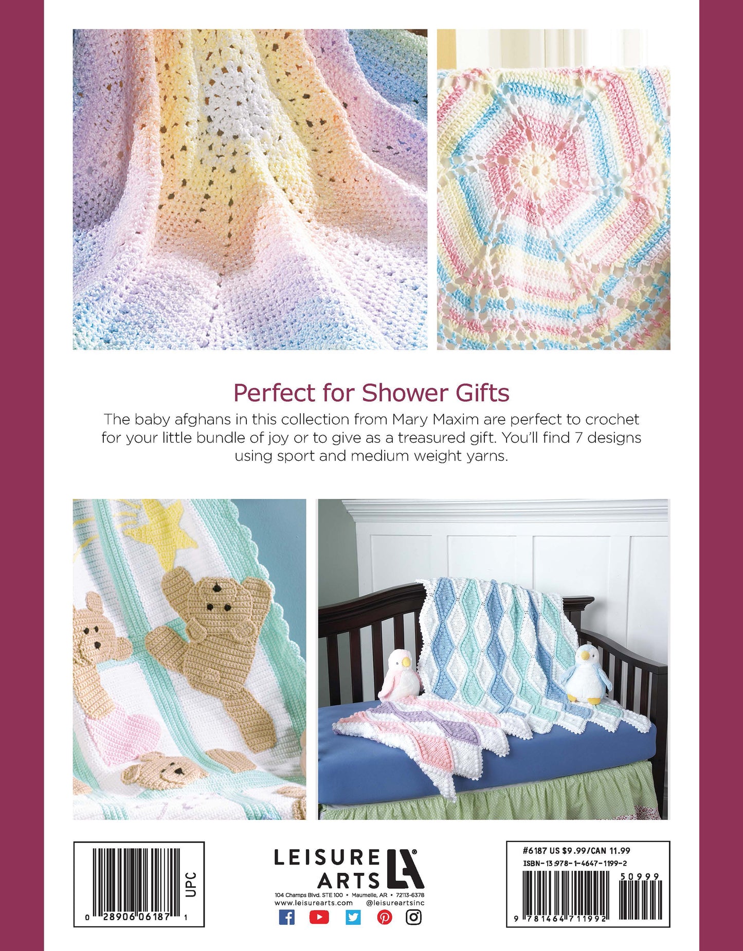 The back cover of Leisure Arts’ "Baby Afghans—The Best of Mary Maxim" displays three pastel afghans with teddy bear, stripe, and diamond patterns draped over furniture with stuffed toys, plus text promoting beginner crochet and shower gifts.