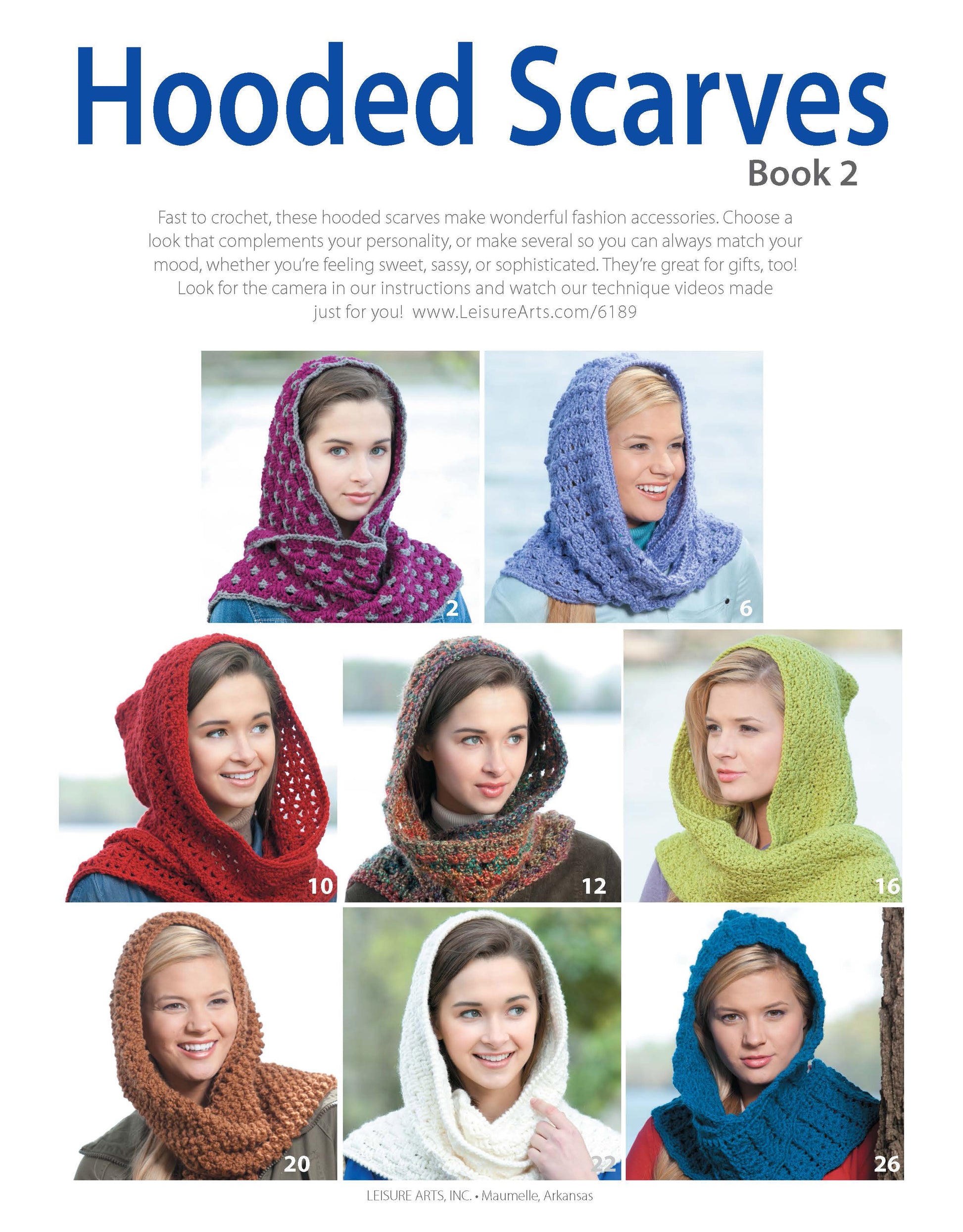 Cover of Hooded Scarves, Book 2 Digital Download by Leisure Arts, featuring seven women modeling colorful crocheted hooded scarves—ideal for those looking for easy crochet scarves or beginner crochet projects.