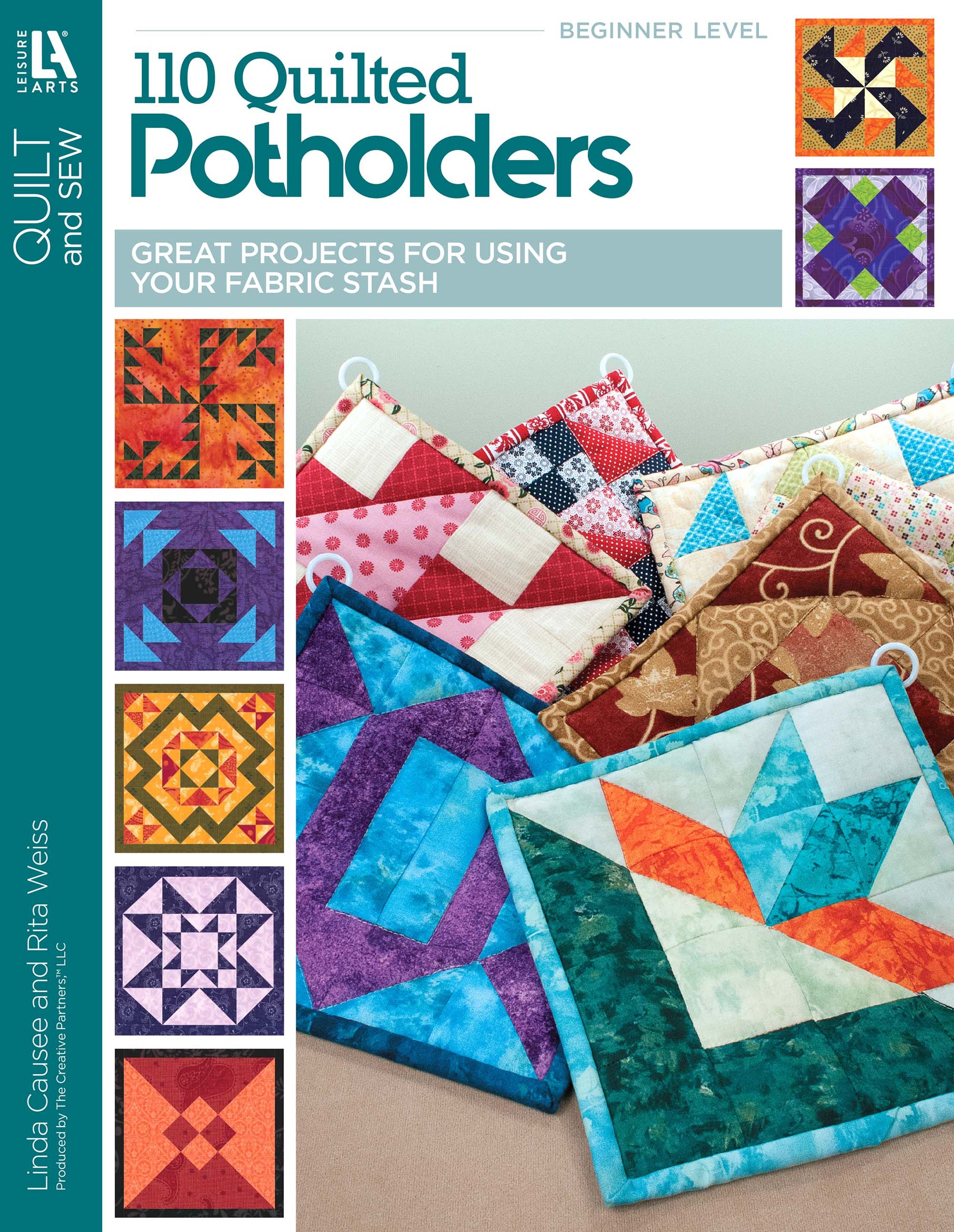 Cover of the Leisure Arts book "110 Quilted Potholders," showcasing vibrant potholder patterns on a wooden rack with quilt block designs along the left—ideal for beginner quilting and sewing projects.