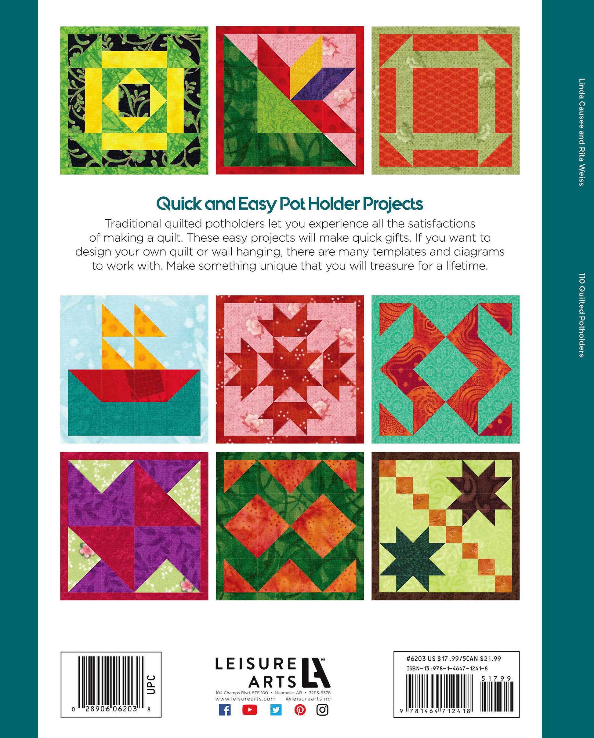 The image shows the back cover of Leisure Arts' "110 Quilted Potholders Digital Download," displaying nine colorful potholder designs with geometric and nature-inspired patterns. The text highlights quick, easy quilt projects ideal for beginner sewists.