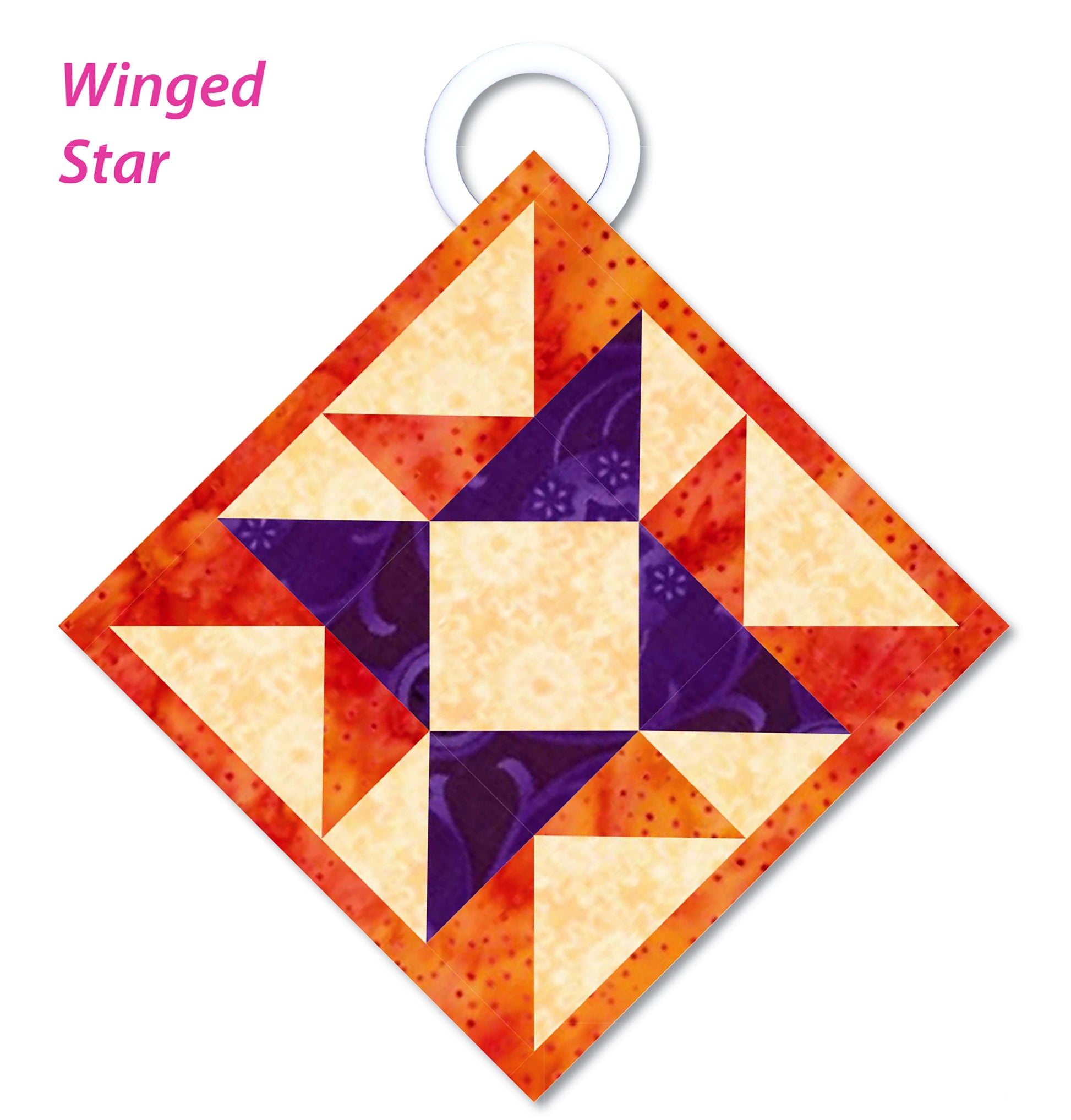 The Winged Star block from Leisure Arts' 110 Quilted Potholders features orange, yellow, and purple fabrics in a geometric star design, with a top corner loop and "Winged Star" in pink—ideal for beginners or quilt projects.