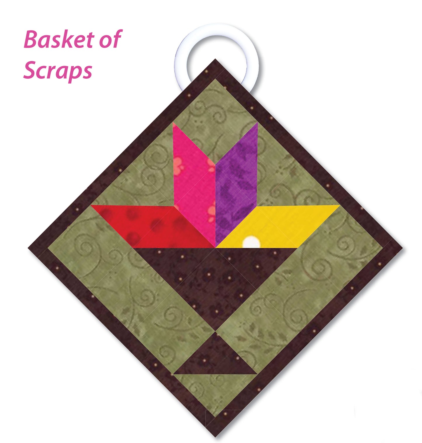 A diamond-shaped quilt block from Leisure Arts' 110 Quilted Potholders features a brown and green basket with yellow, red, and purple scraps and a white round handle—ideal for beginners. "Basket of Scraps" appears in pink text on the left.